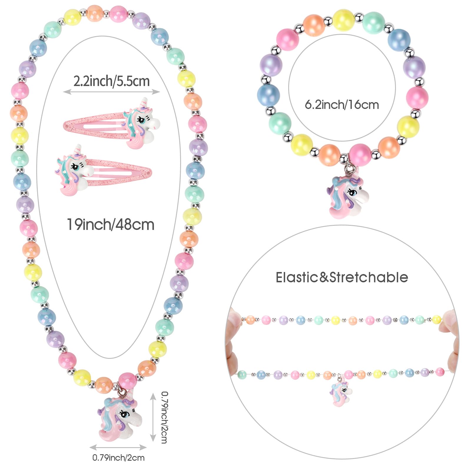 Unicorn Stretch Necklace & Bracelet Set with Hair Clips for Toddler Girls - Princess Jewelry Accessories Gift for Birthday Party Favors | Perfect for Dress-Up, Tea Parties & Special Occasions