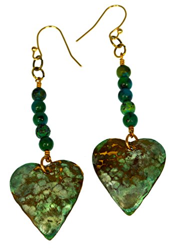Elaine Coyne Patina Brass Hand-Hammered Heart Dangle Earrings with Chrysocolla Gemstone | Boho Jewelry for Women, Perfect for Date Night & Special Occasions