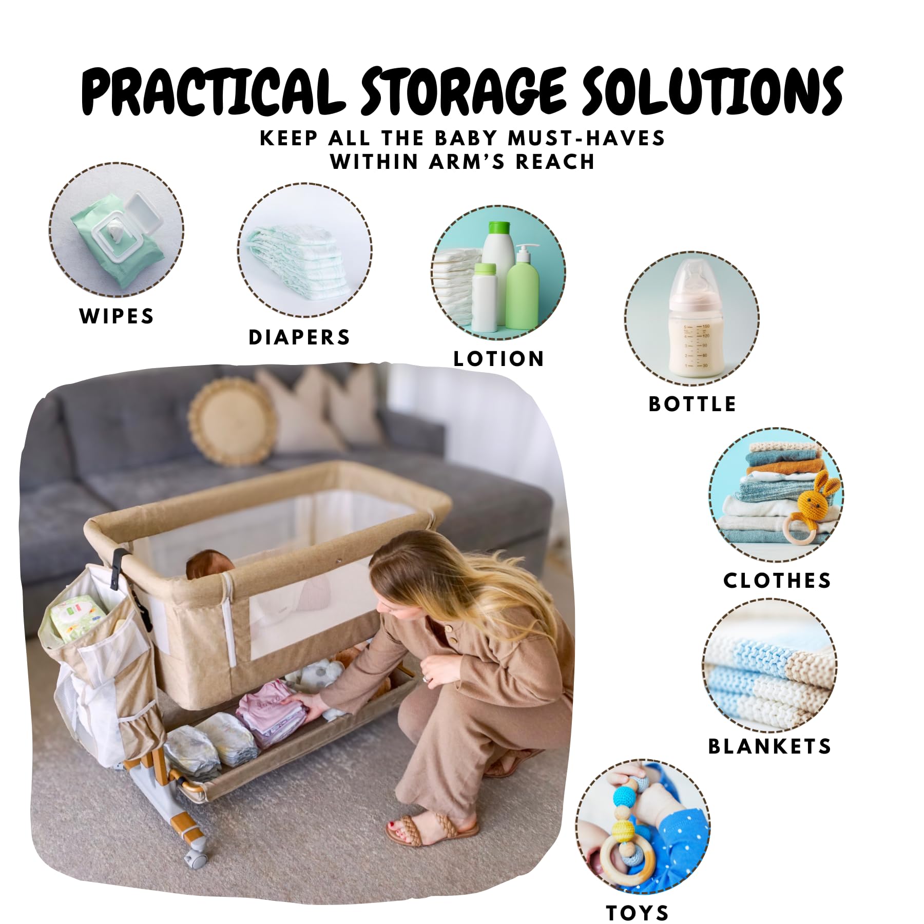 Portable Convertible Bassinet Bedside Sleeper for Babies 0-6 Months - Adjustable Height Co-Sleeping Crib with Breathable Mesh Sides, Wheels & Storage Diaper Caddy - Perfect for Nursery, Bedroom & Travel