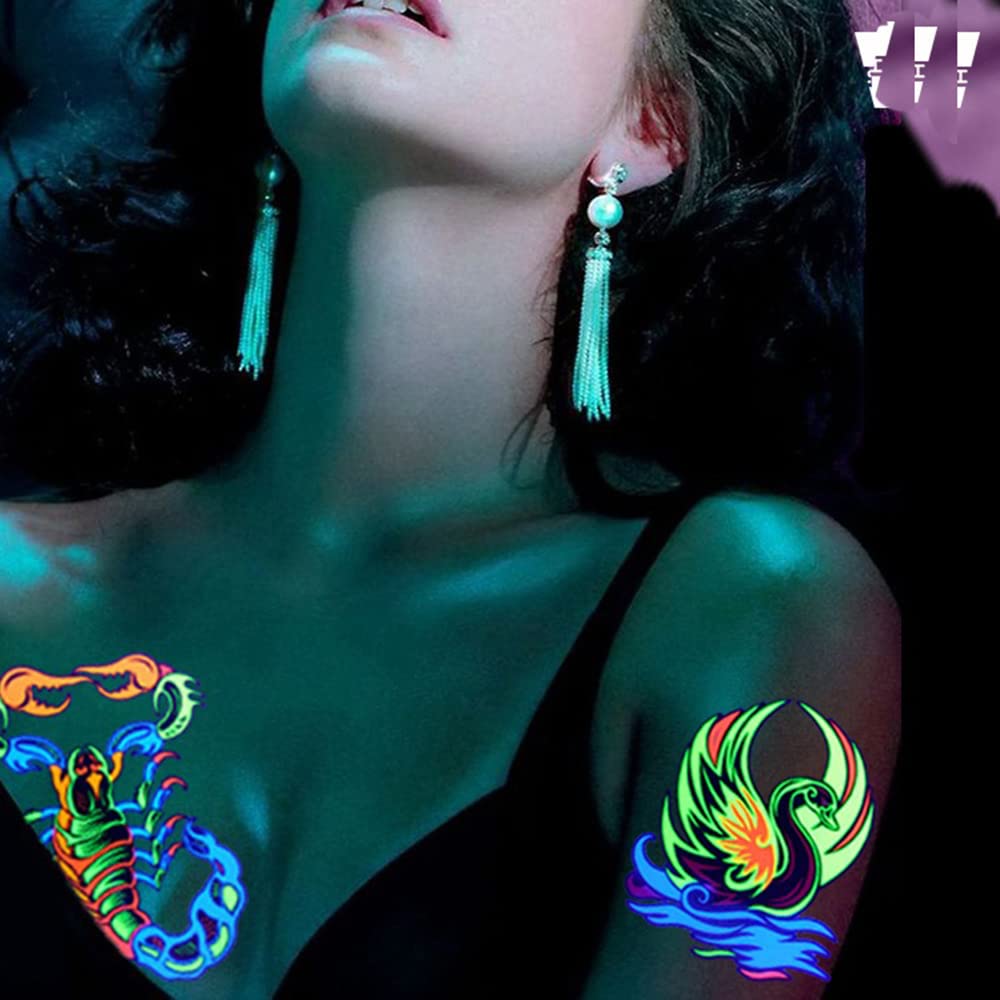 UV Glow Neon Temporary Tattoos - Lion, Tiger, Wolf & Armband Designs | Waterproof Fake Tattoo Stickers for Women, Men & Kids (21x15cm) | Perfect for Parties, Festivals & Body Art
