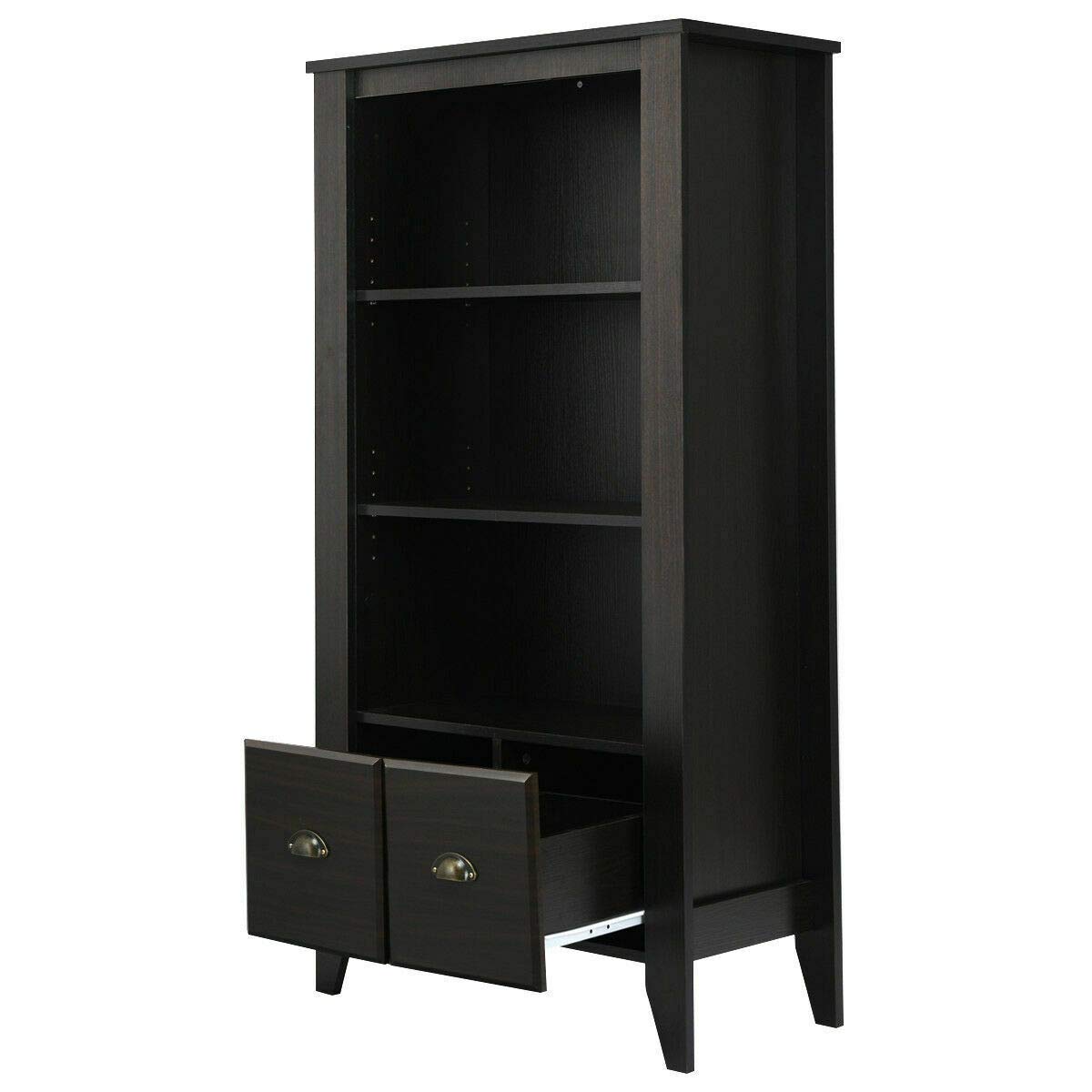 3-Tier Storage Cabinet with 2 Adjustable Shelves & Drawers - Vintage Style Bookcase for Books, CDs, DVDs, Photos & Home Decor - Perfect for Living Room, Office, Bedroom & Study Organization