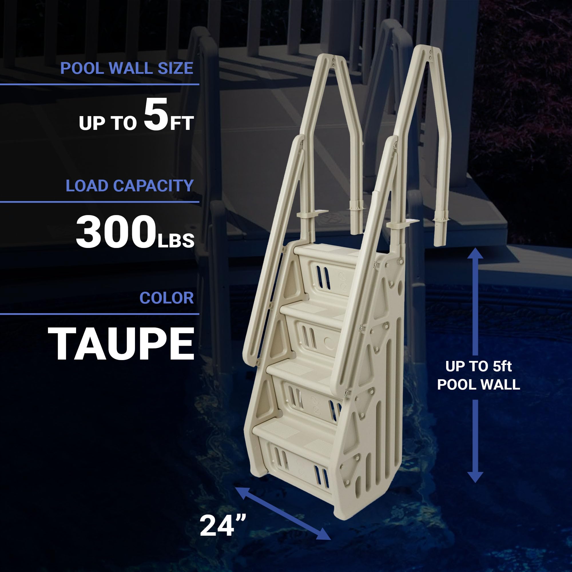 Vinyl Works Deluxe Adjustable 24-Inch Wide Pool Step Ladder for Above Ground Swimming Pools | Non-Slip Steps | Durable Taupe Design | Easy Entry & Exit System | Perfect for Backyard, Inground, and Family Pool Safety
