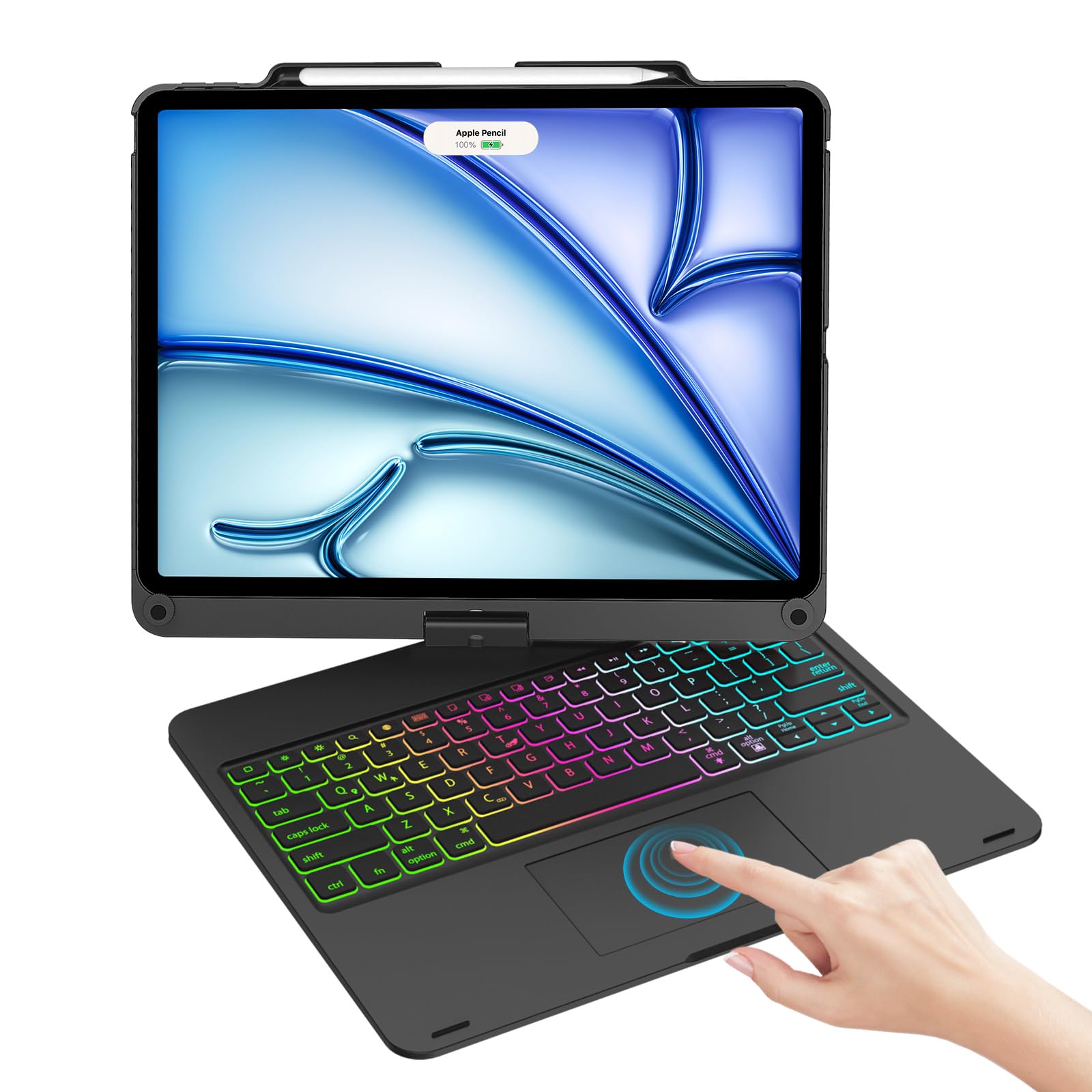 Premium Keyboard Case for iPad Pro 12.9 Inch (6th/5th/4th/3rd Gen) - 7 Color Rainbow Backlit, Wireless Multi-Touch Trackpad, 360° Rotatable Stand with Apple Pencil Holder | Slim Protective Cover with Long Battery Life | Perfect for Work, Study & Travel