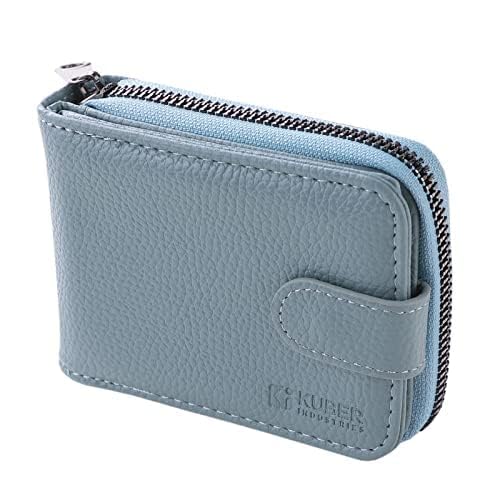 Premium Leather Slim Wallet for Men & Women - RFID Blocking Card Holder for ID, Business & ATM Cards | Zipper Closure | Blue | Perfect for Travel, Office & Everyday Use