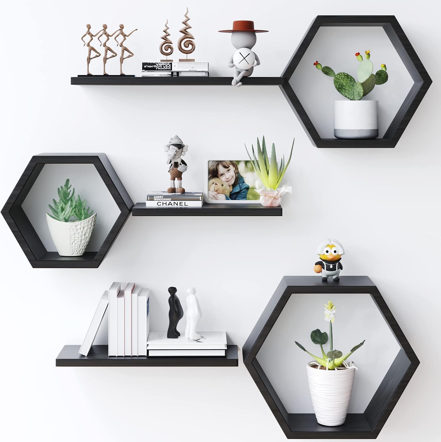 Hexagon Wall Shelves Set of 6 - Floating Wooden Wall Mounted Shelves for Photos, Plants & Decor | Rustic Honeycomb Shelves for Living Room, Bedroom, Bathroom, Kitchen & Office | Black Home Decor Shelving | Perfect for Gallery Walls, Bathroom Storage & Small Space Organization