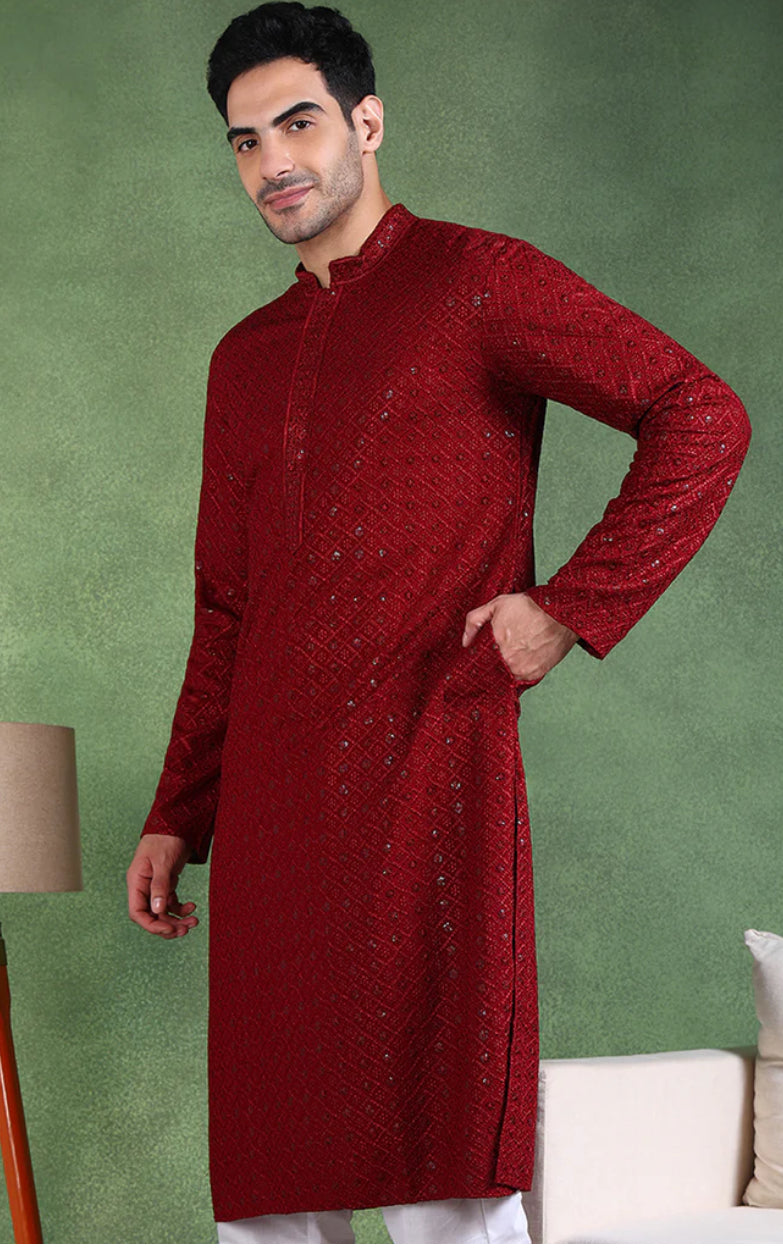 Elegant Chikankari Kurta for Men - Stylish Maroon Embroidered Tunic for Casual Wear & Festive Occasions