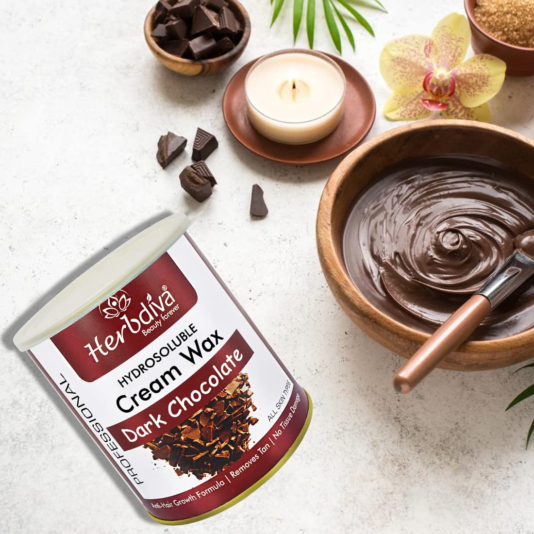 Herbdiva Hydrosoluble Dark Chocolate Cream Wax 800g - Professional Hair Removal & Skin Care for Silky Smooth Skin | Made in India with Natural Ingredients | Suitable for All Skin Types | At-Home Spa & Salon Use