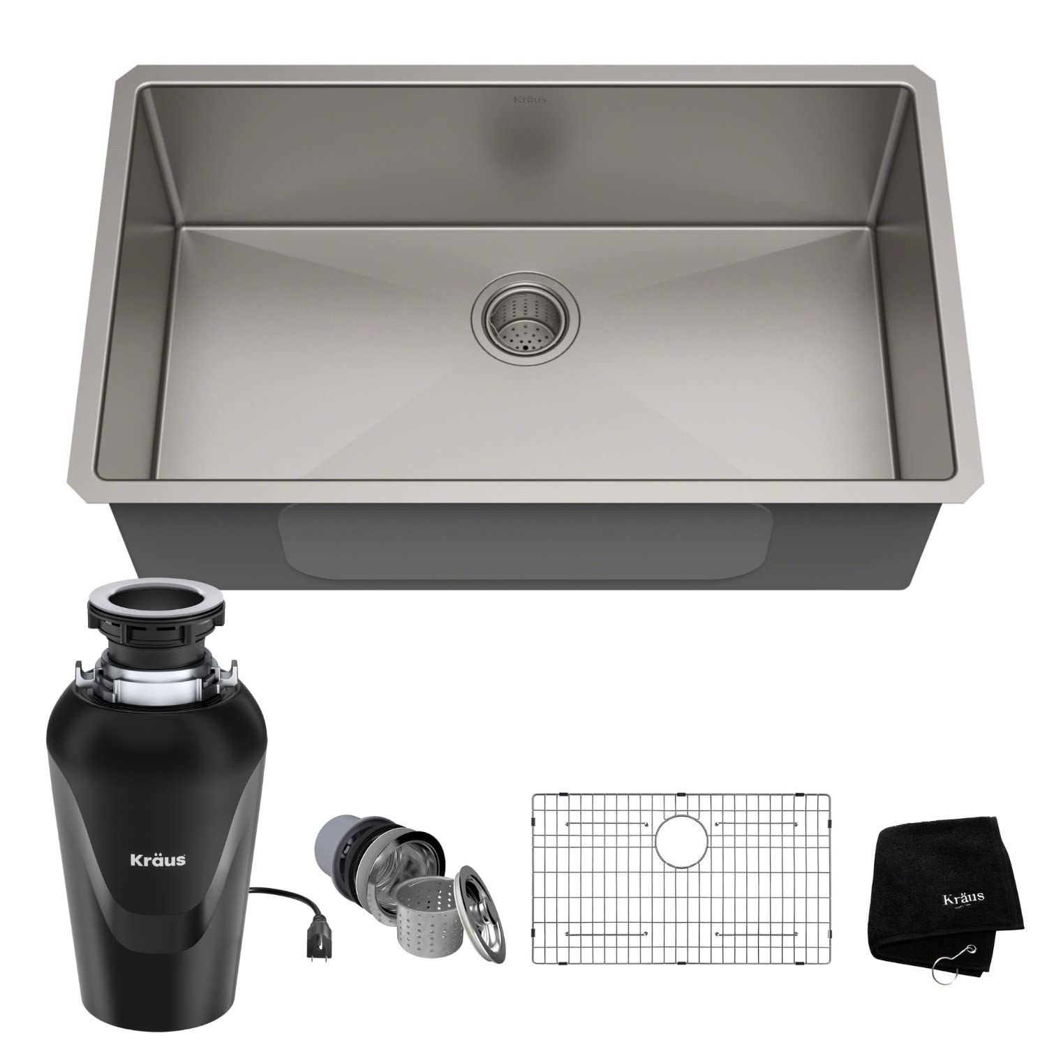 KRAUS Standard PRO™ 32-inch 16 Gauge Undermount Single Bowl Stainless Steel Kitchen Sink with WasteGuard™ Continuous Feed Garbage Disposal - KHU100-32-100-75MB | Perfect for Modern Kitchens, Dishwashing & Food Prep