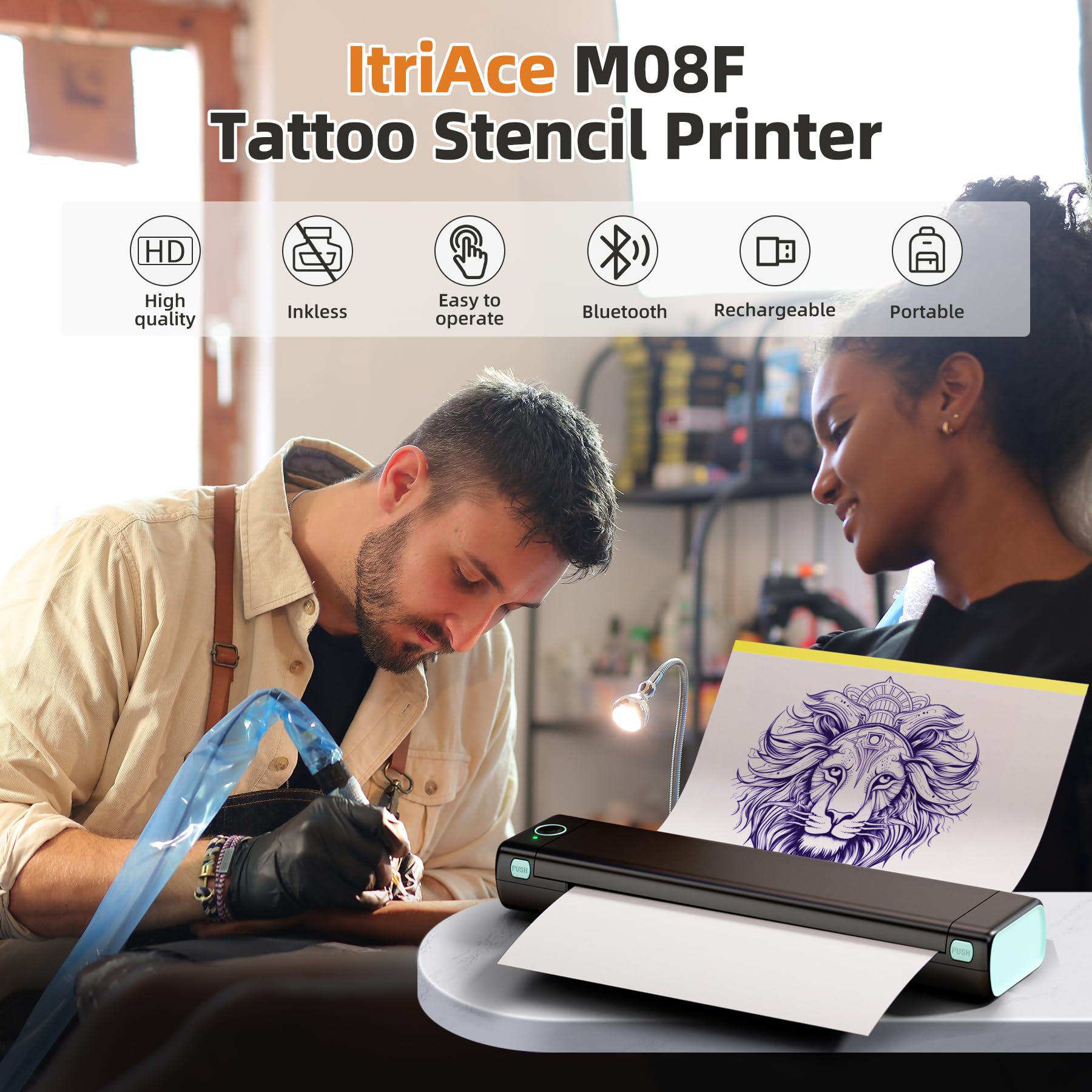 Professional M08F Bluetooth Tattoo Stencil Printer Kit - Wireless Thermal Transfer Machine for iOS/Android, Includes 10pcs Tattoo Transfer Paper | Perfect for Tattoo Artists, Home Studios & Mobile Tattooing Services