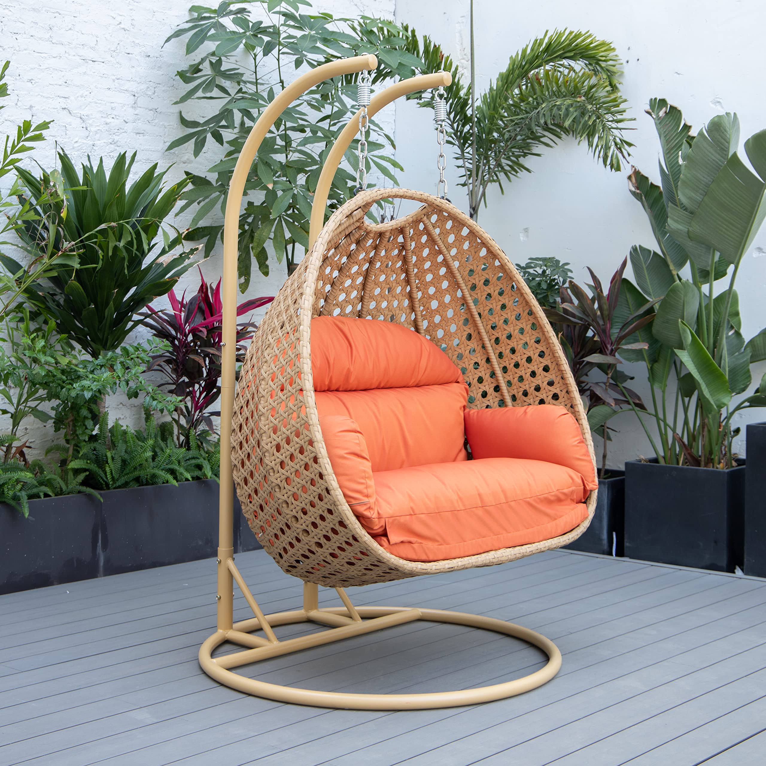 LeisureMod Mendoza Light Brown Wicker 2-Person Patio Hanging Egg Chair with Stand & Cushions - Indoor/Outdoor Swing for Garden, Porch, Backyard (Orange) | Perfect for Relaxing, Reading & Lounging