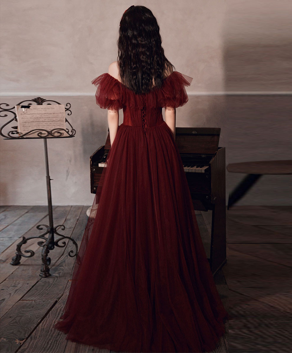 Elegant Burgundy Off Shoulder Tulle Long Prom Dress for Women - Perfect for Evening Gowns, Homecoming, Formal Dances & Special Occasions
