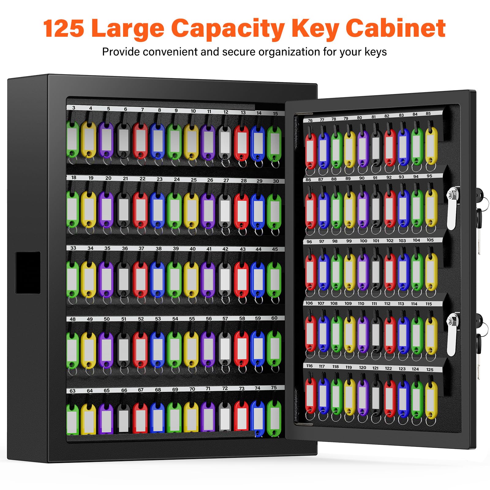 125-Key Wall Mount Key Cabinet with Dual Lock & Key Hooks - Steel Anti-Theft Key Safe with 125 Labels for Hotels, Offices, Car Dealerships - Secure Key Storage Solution for Property Management & Business Security