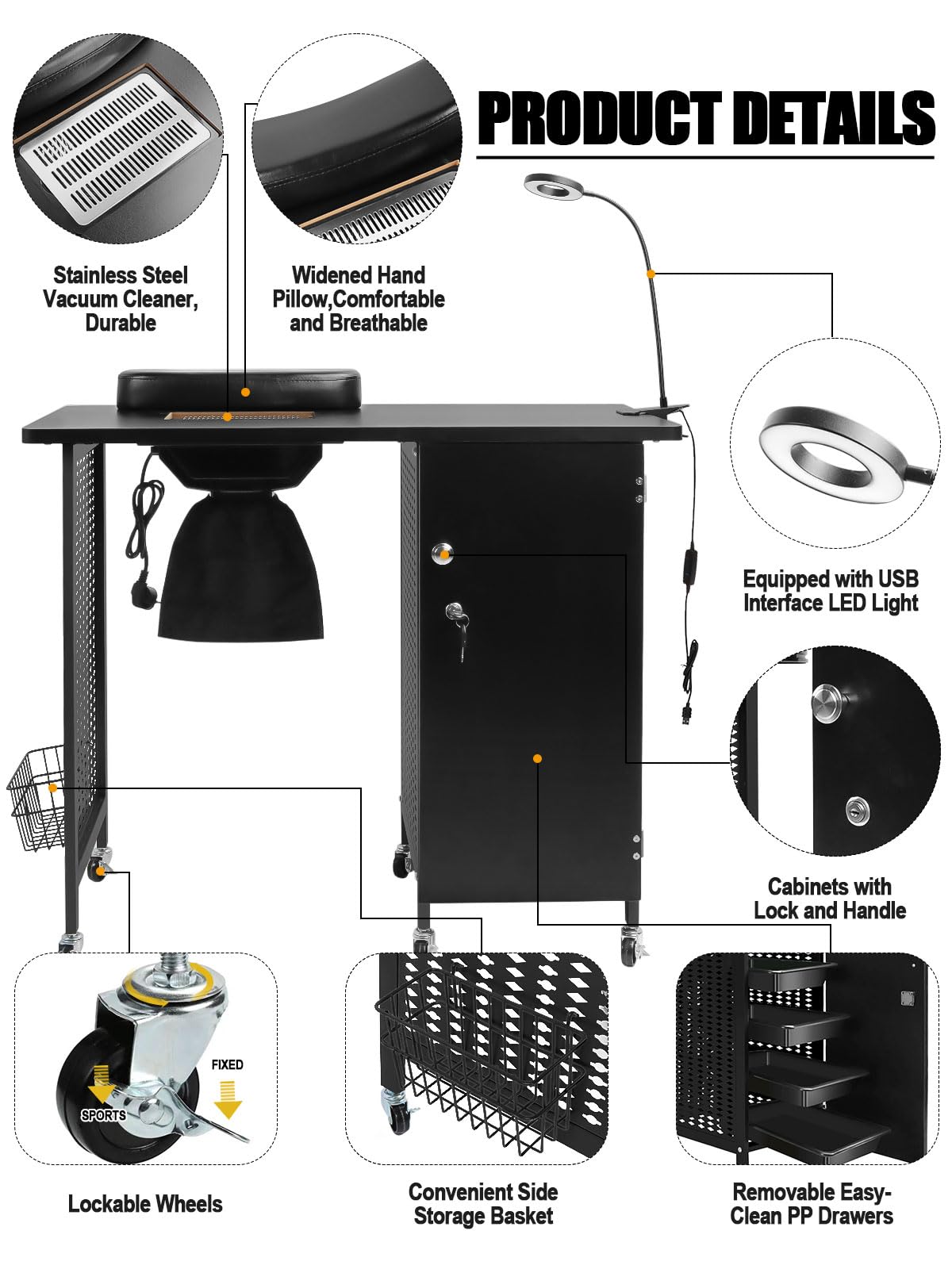 **Kalolary Professional Manicure Nail Table with Dust Collector – Portable Nail Salon Station with 4 Drawers, LED Lights & Wrist Rest – Ideal for Home, Spa, Beauty Salon & Mobile Nail Technicians (Black)**    *Perfect for manicures, pedicures, nail art, and professional salon services!*