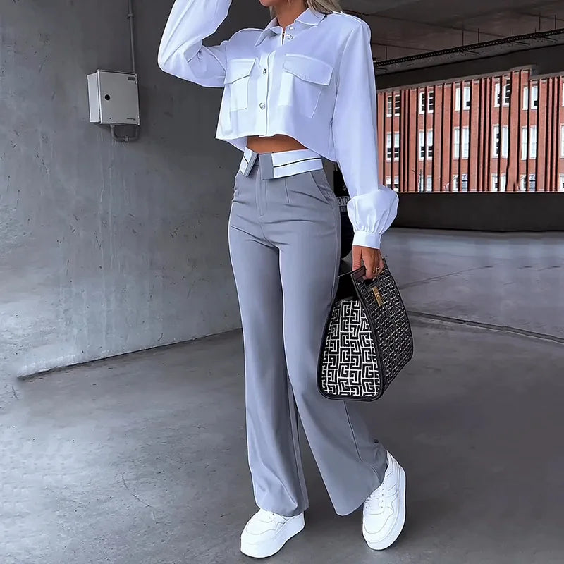 Elegant Women's Two-Piece Office Set - White Lapel Long Sleeve Blouse & Gray Pants Suit for Fall/Spring | Y2K Style Workwear for Business, Meetings & Professional Occasions