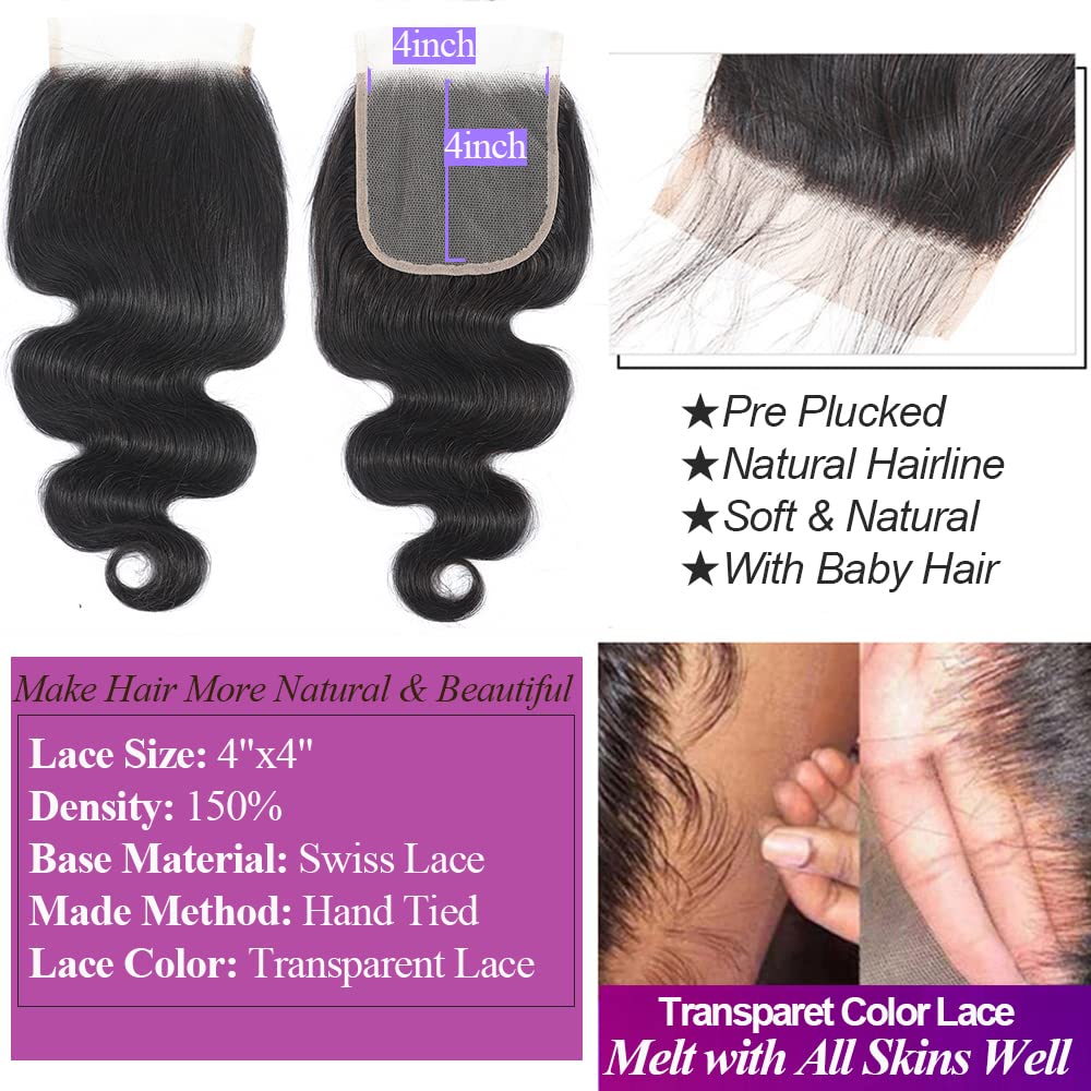 12A Brazilian Body Wave 100% Unprocessed Human Hair Bundles with Closure (18 20 22 Inches + Free 18