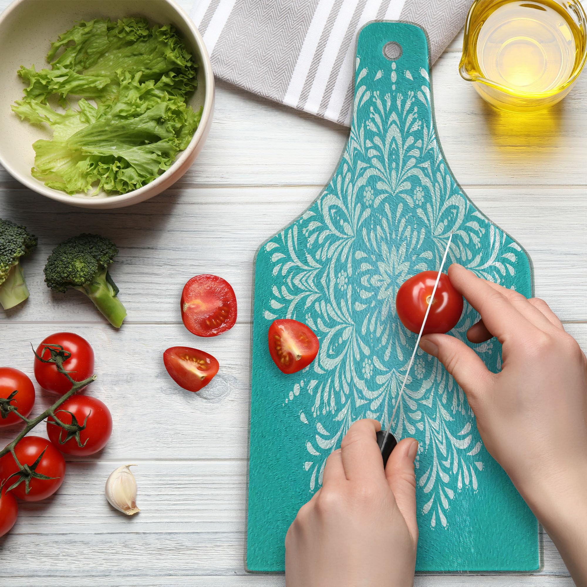 Ambesonne Blue Tempered Glass Cutting Board - Snowflake Mandala Winter Themed Art Print - Decorative Serving Board with Eastern Floral Leaves Design - Wine Bottle Shape in Sky Blue & White - Perfect for Holiday Entertaining, Cheese Platters & Wine Pairings