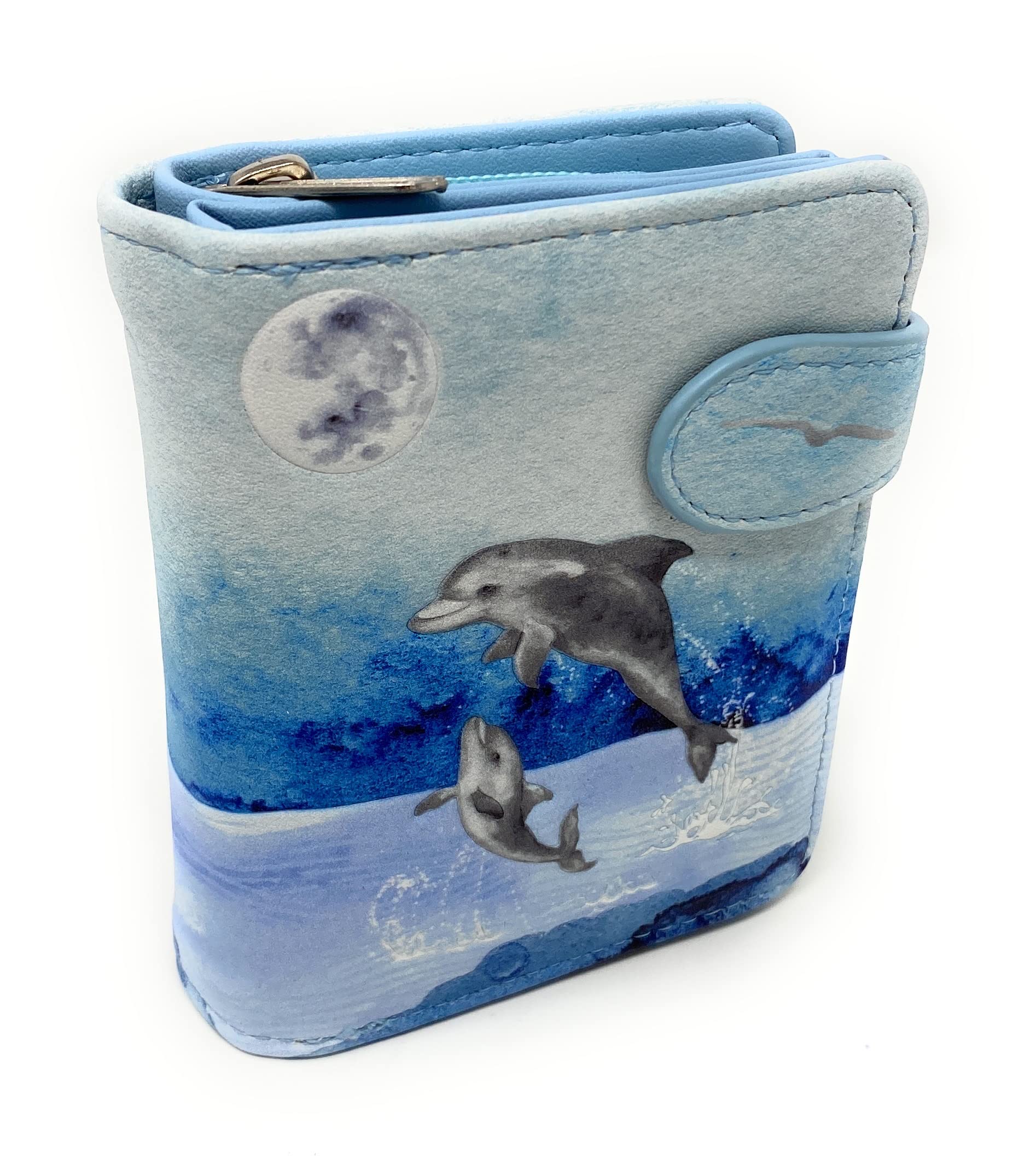 **Mystic Dolphin Vegan Faux Leather Small Beach Wallet for Women & Teens – Stylish Blue 4.5