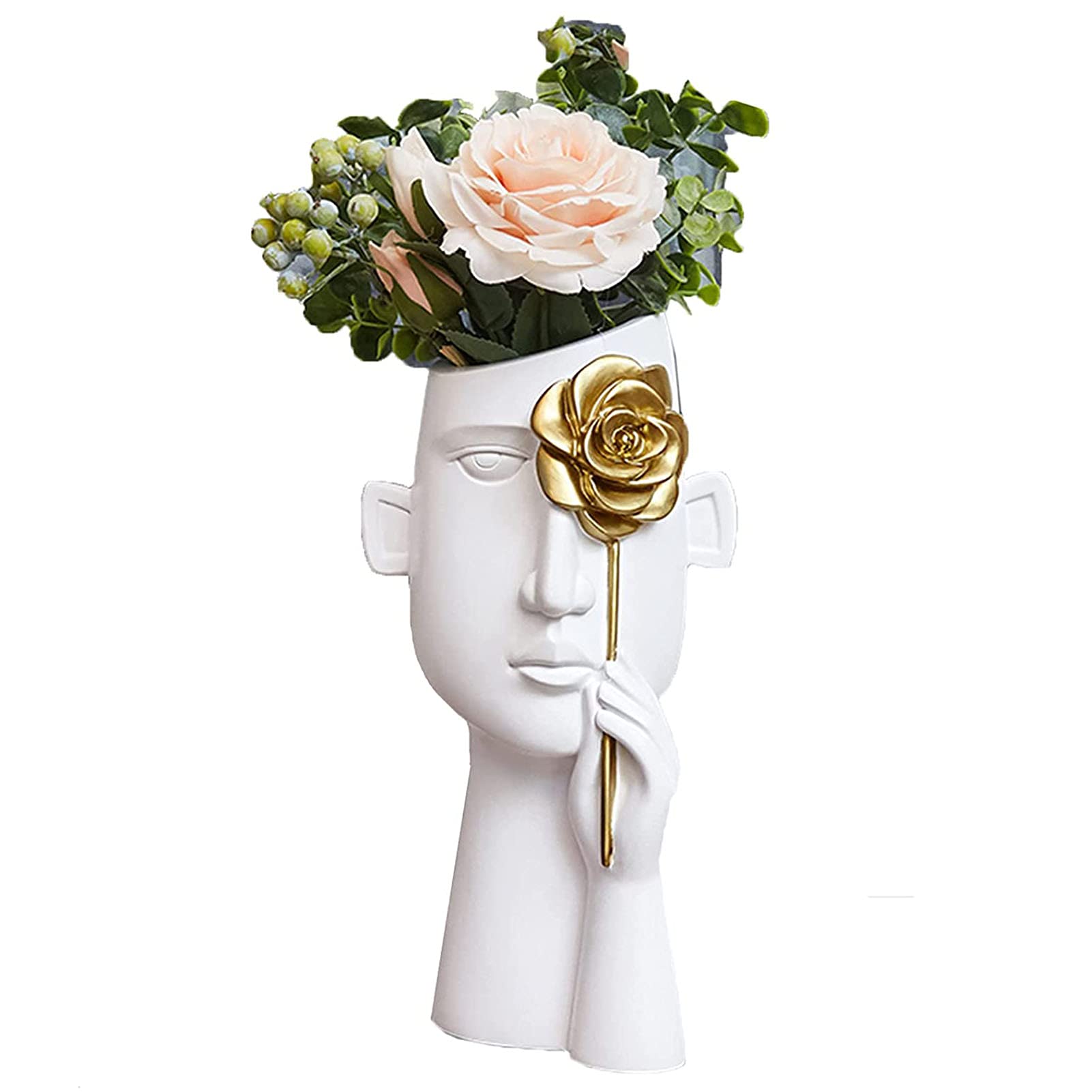 Human Face Vase Statue - Decorative Resin Flower Pot for Tabletop, Creative Sculpture for Flower Arrangement & Home Decor - Perfect for Living Room, Office, and Gift Giving