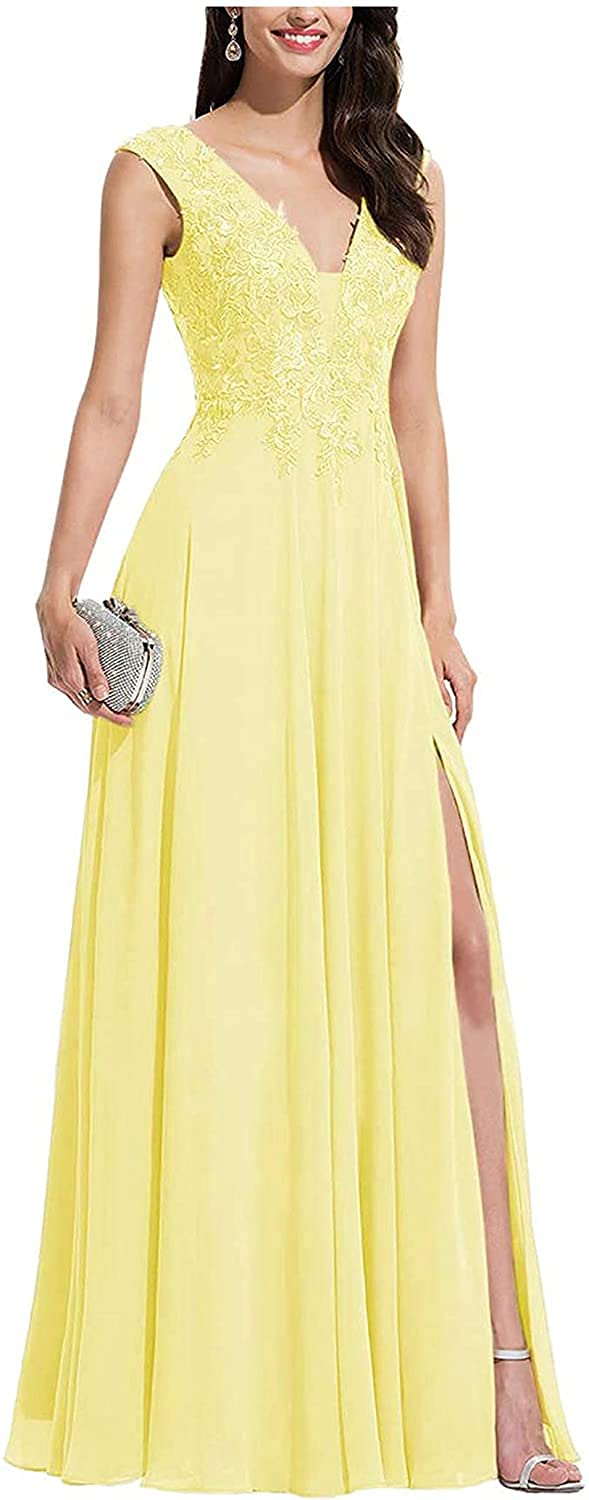 Elegant V-Neck Chiffon Bridesmaid Dress with High Slit & Lace Appliques - Perfect for Prom, Wedding Party & Formal Evening Gowns - Ideal for Bridal Shower, Cocktail Party & Special Occasions