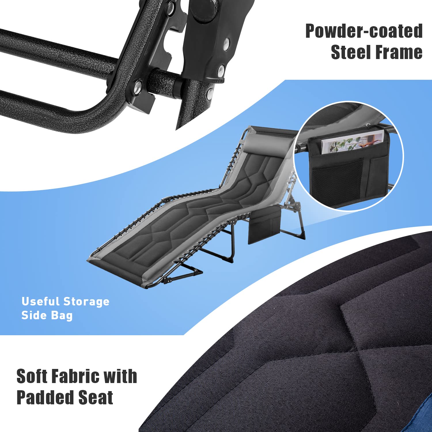Flamaker Folding Chaise Lounge Chair - 4-Position Adjustable Outdoor Recliner with Pillow & Side Bag - Lightweight Portable Camping Chair for Pool, Beach, Deck, Patio, Backyard & Sunbathing (Grey)