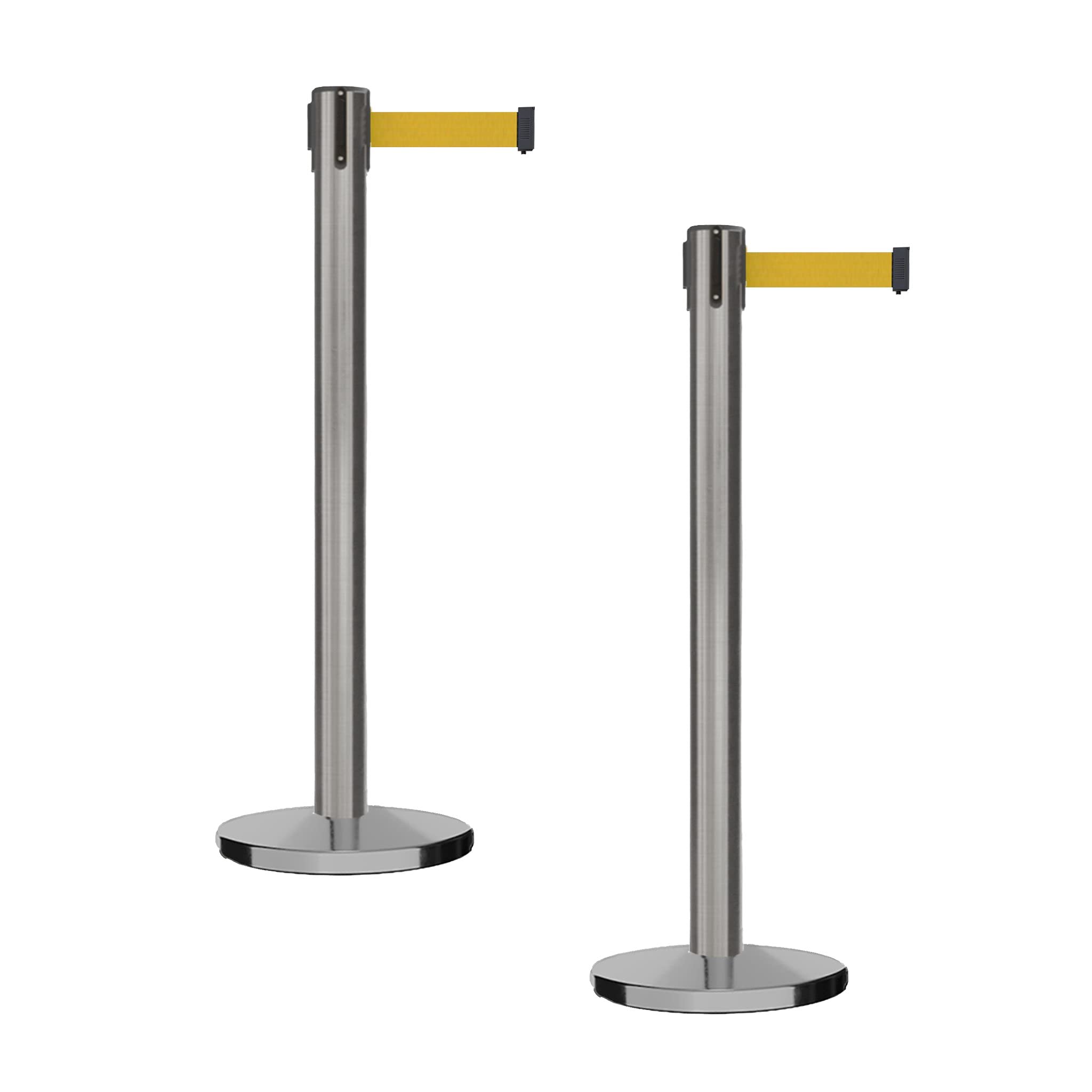 Montour Line MI650 Set of 2 Retractable Belt Barrier Stanchions with Cast Iron Base - 16ft Yellow Belt, Black Satin Stainless Steel Posts for Crowd Control & Queue Management - Perfect for Events, Retail Stores, and Public Spaces