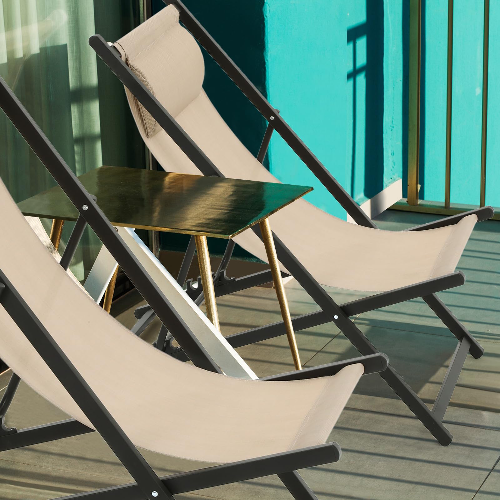 2 Pack Foldable Outdoor Lounge Chairs with Adjustable Headrest - Portable Patio Sling Chairs with 5-Level Height Adjustment & Aluminum Frame - Perfect for Beach, Pool, Camping, Garden, Yard, and Lawn Relaxation (Beige)