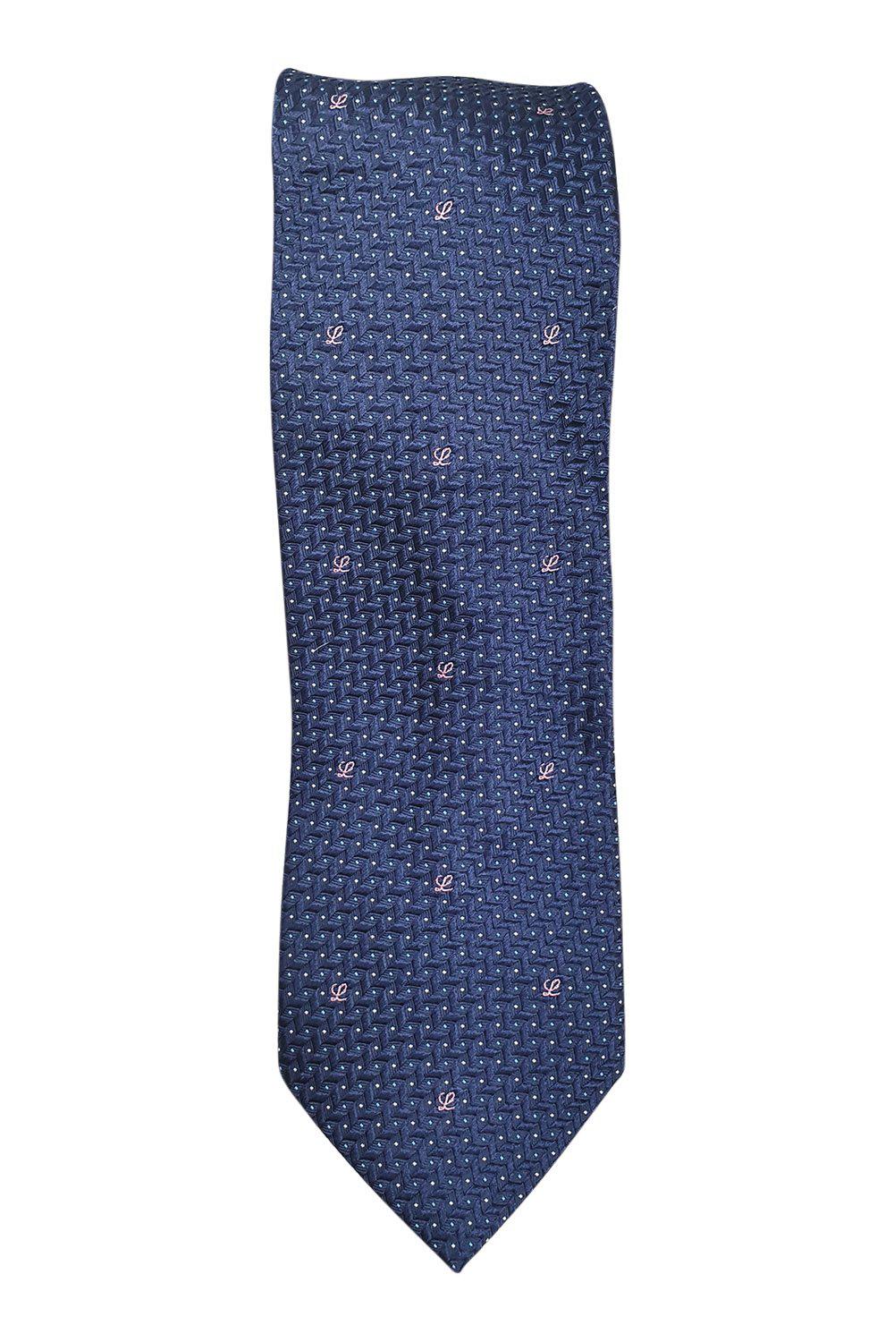 LOEWE 100% Silk Navy Blue Tie with Pink Abstract Pattern - 60