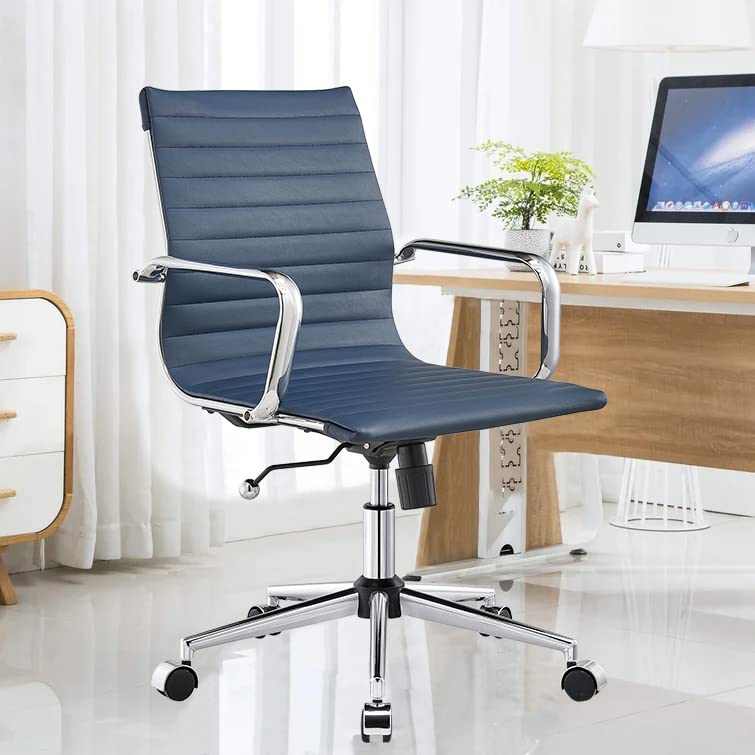 Ergonomic Leather Office Chair - Modern Swivel Executive Desk Chair with Ribbed Back Support for Home & Conference Room - Navy Blue (Perfect for Long Work Hours & Video Meetings)