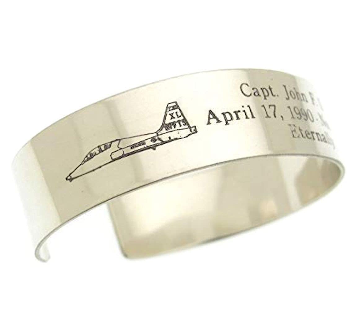 Custom Sterling Silver Military Pilot Cuff Bracelet - Personalized USAF Air Force Gift for Men, Deployment & KIA Memorial - Perfect for Veterans, Airmen & Fighter Jet Enthusiasts | Ideal for Military Appreciation, Memorial Services & Special Occasions