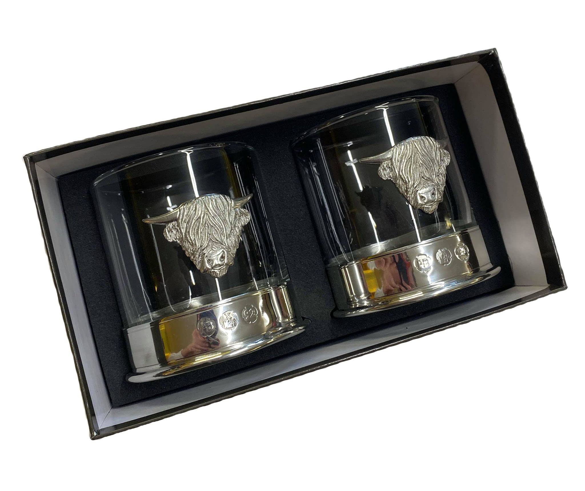 Pair of Elegant Pewter Scottish Highland Cow Whisky Tumblers - Whiskey Glasses Set in Gift Box - Perfect for Scotch Tasting, Home Bar Decor & Unique Gifts