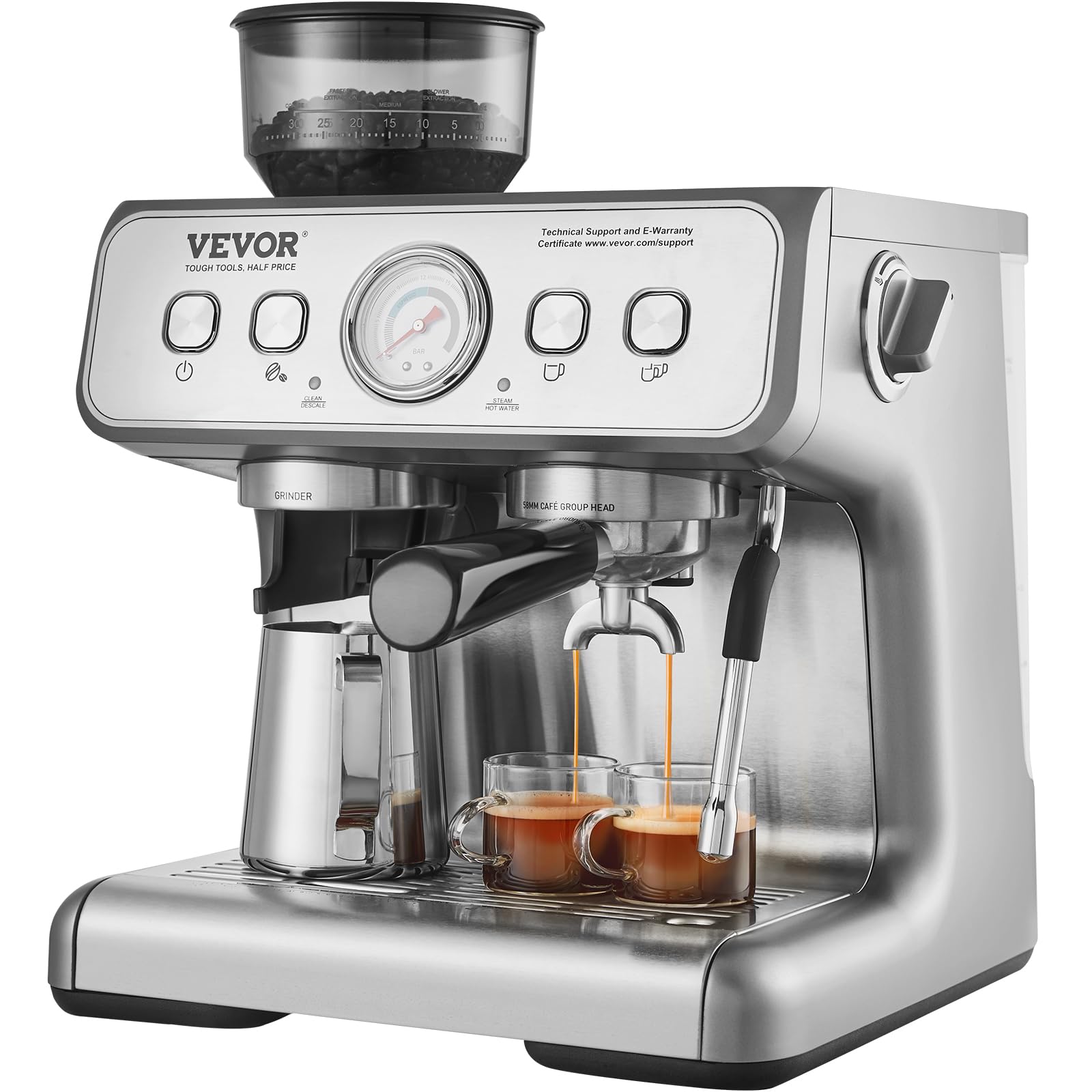 VEVOR 15 Bar Semi-Automatic Espresso Coffee Maker with Built-in Grinder & Milk Frother, Removable Water Tank, PID Control System - Perfect for Home Baristas to Make Cappuccino, Latte, Macchiato - Ideal for Kitchen, Office, Coffee Shop Use