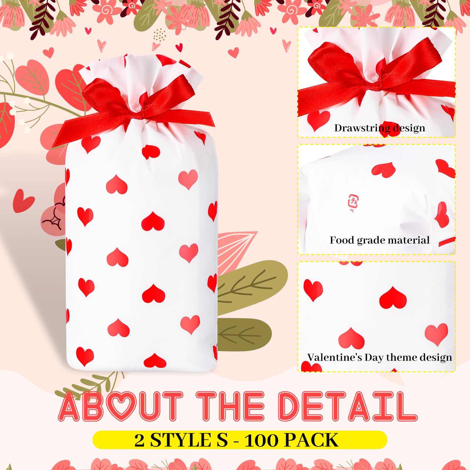 Valentine's Day Gift Bags 6x9 Inch - Heart Print Party Favors for Weddings & Events