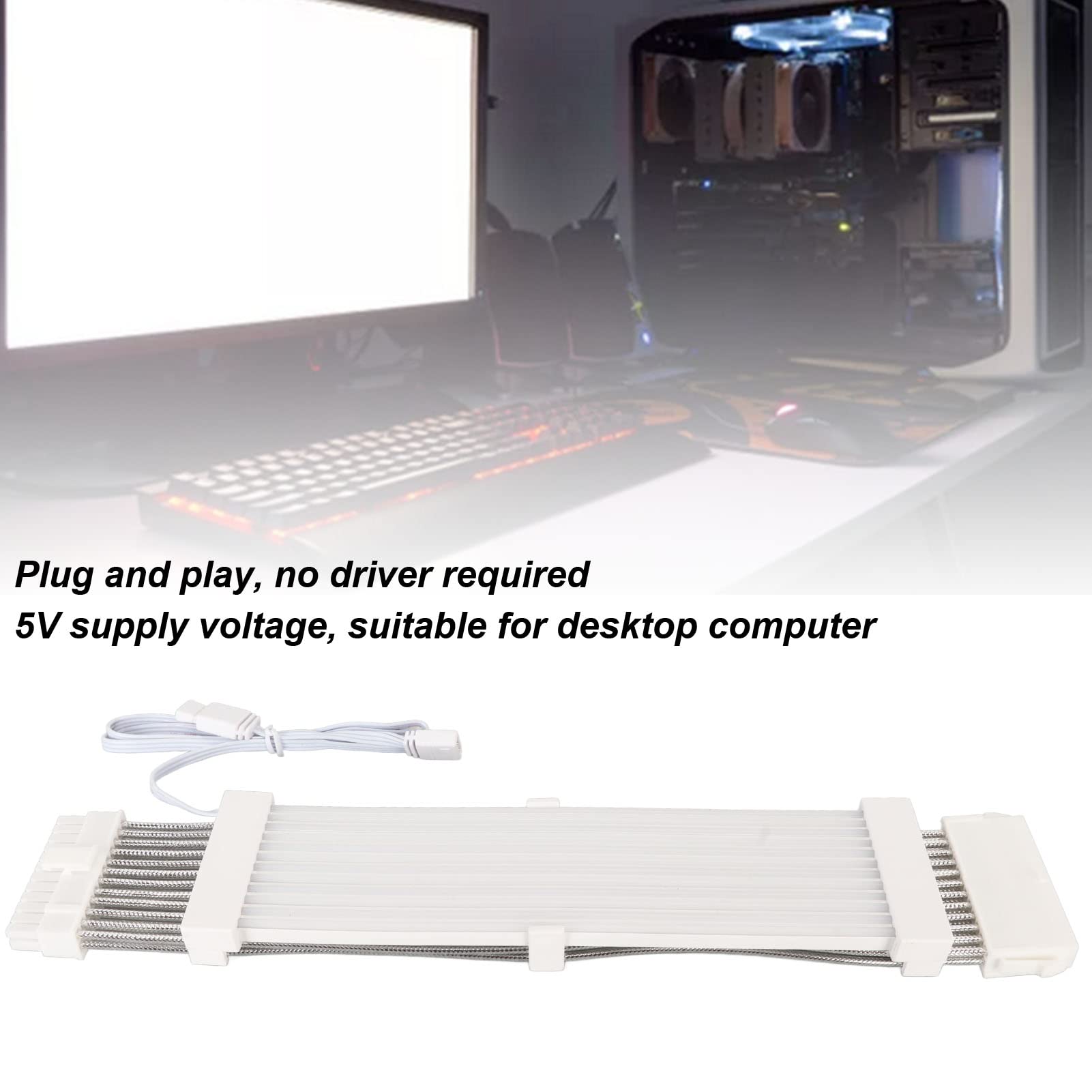 RGB Power Supply Cable Extension Kit - 24PIN ARGB Sleeved White PSU Cable for Gaming PC Case | Perfect for Custom PC Builds & RGB Lighting Setups