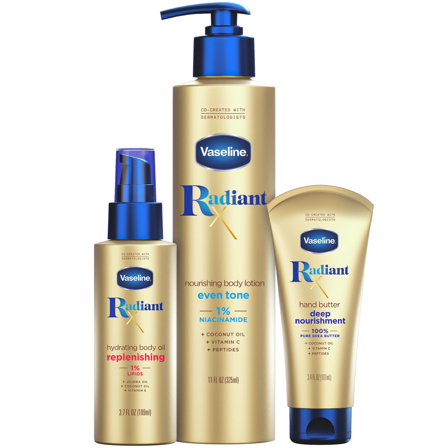 Vaseline Radiant X Skin Care Set - Even Tone Nourishing Body Lotion with 1% Niacinamide, Hydrating Body Oil with 1% Lipids & Deep Nourishment Hand Butter with 100% Pure Shea Butter (3 Piece Gift Set) | Daily Moisturizing Routine for Dry Skin, Body Care Essentials for Women & Men