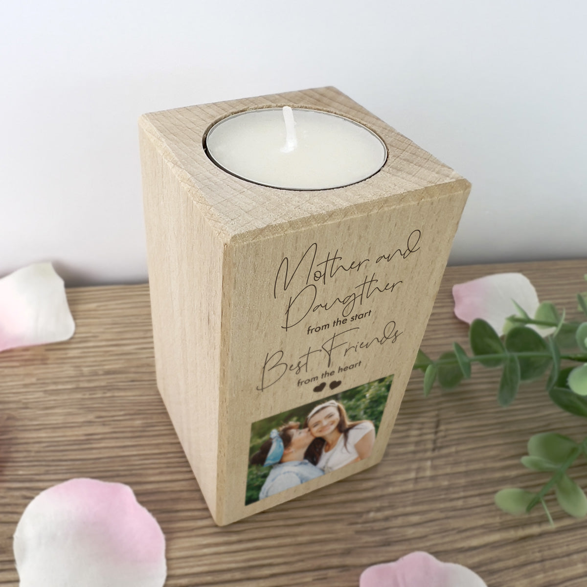 Mother Daughter Best Friends Photo Wooden Tea Light Holder - Personalized Candle Gift for Mom, Family & Home Decor - Perfect for Birthdays, Anniversaries & Special Occasions