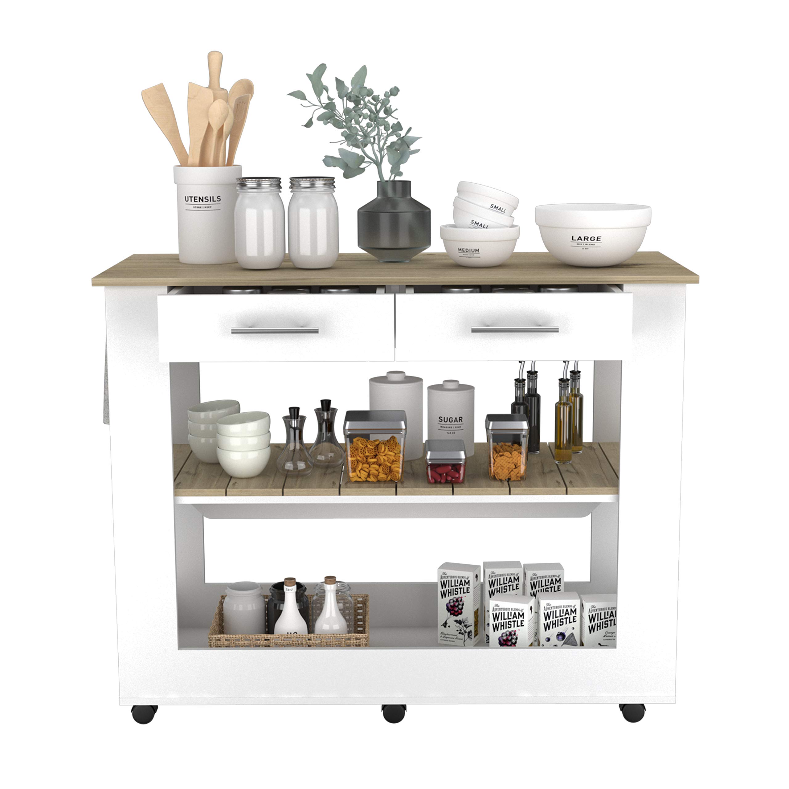 80-Inch Light Oak Kitchen Island with Shelves & Drawers - Rustic Brooklyn Style for Modern Farmhouse, Open Concept & Small Space Kitchens