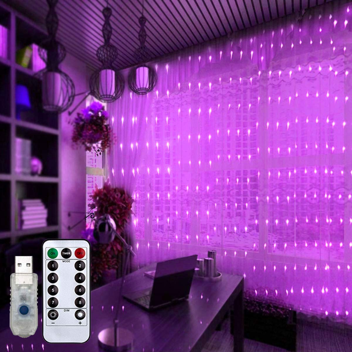 Fairy Curtain Lights 300 LED with Remote for Bedroom Wedding Party Decor - Purple