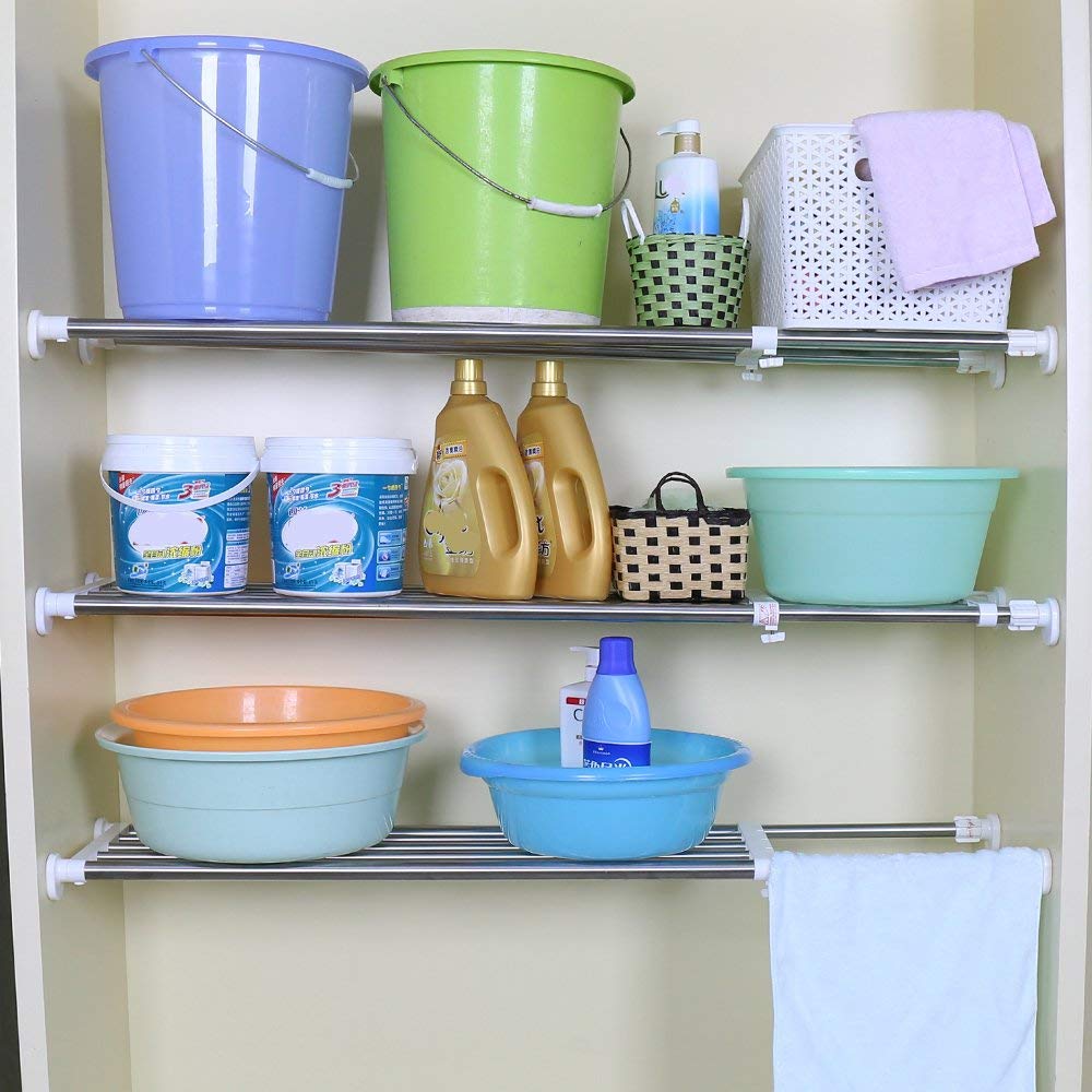 BAOYOUNI Heavy Duty Expandable Closet Shelf Organizer - Stainless Steel Storage Rack with Tension Rod (39.76-60.04 Inch, Ivory) - Perfect for Bedroom, Closet, Pantry & Laundry Room Organization