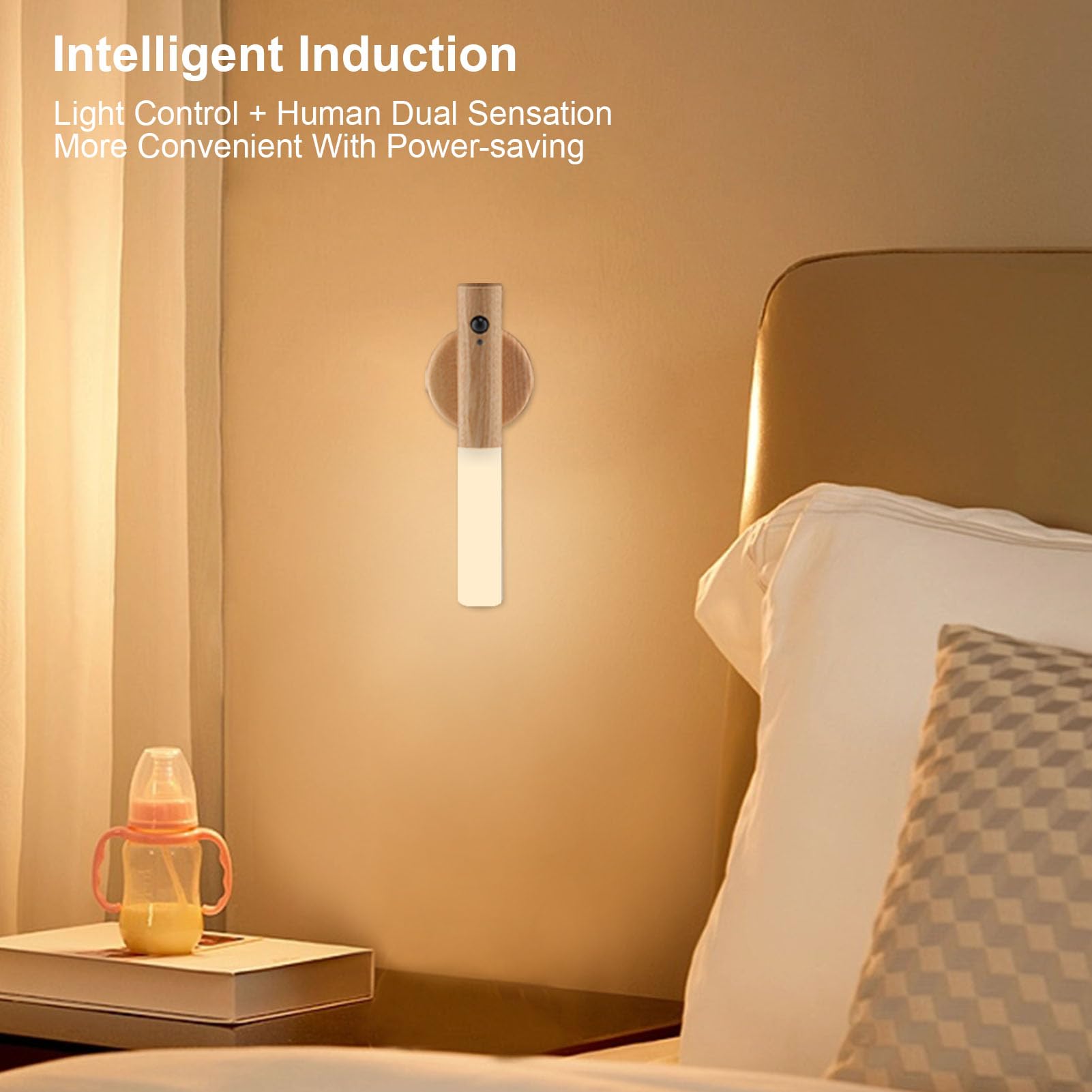 LANDGOO LED Motion Sensor Wall Lights - Set of 2 Rechargeable Battery Operated Sconces with 360° Rotation & Magnetic Base, Cordless Bedroom Lighting for Hallway, Closet, Staircase (White Ash Wood)