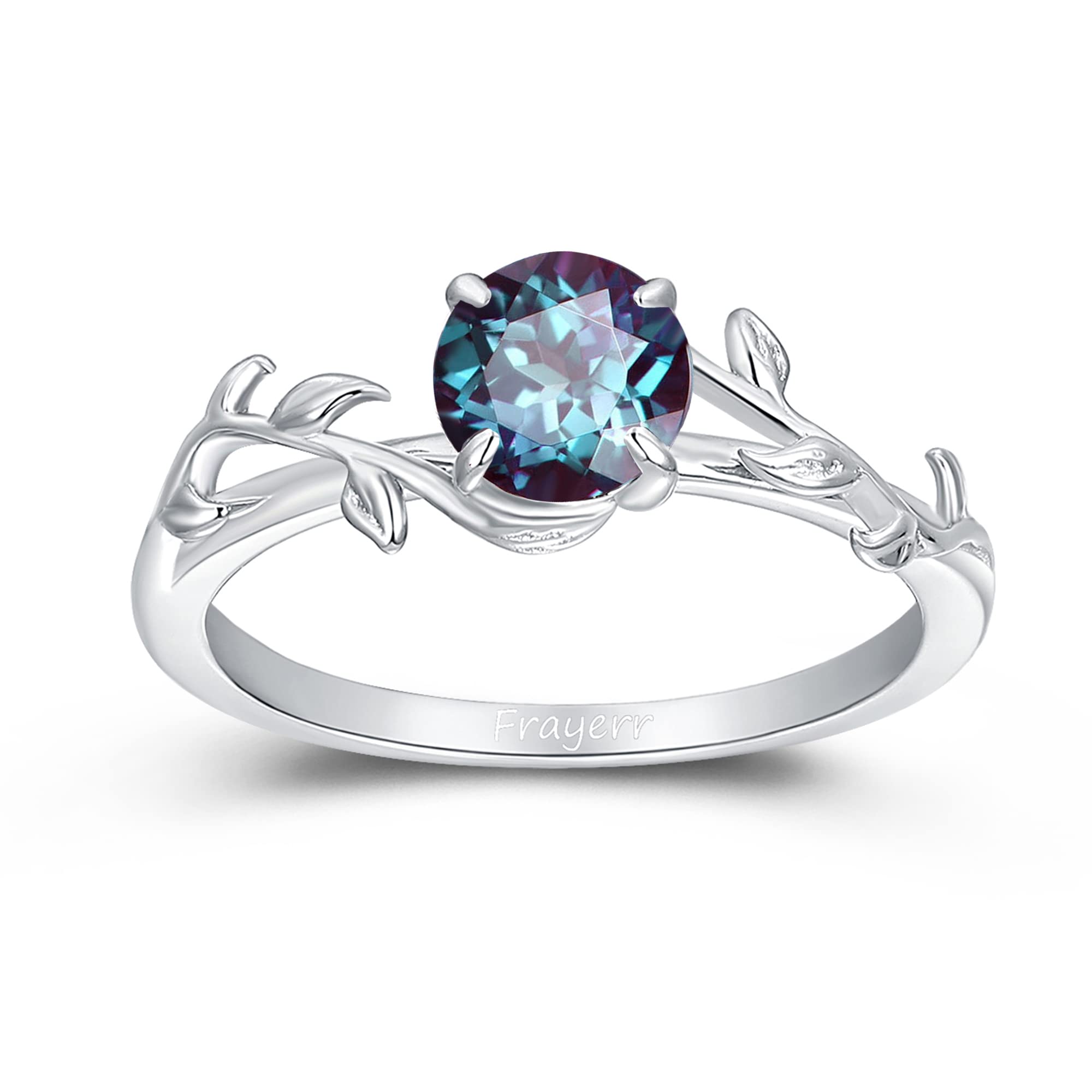 Art Deco Leaf Shaped Alexandrite Ring - 1.00 Carat Created Alexandrite Gemstone in Platinum Plated 925 Silver - Color Changing Purple Green Birthstone Jewelry - Vintage Vines Style Ring for Women - Perfect Gift for Her, Anniversary, Birthday & Special Occasions