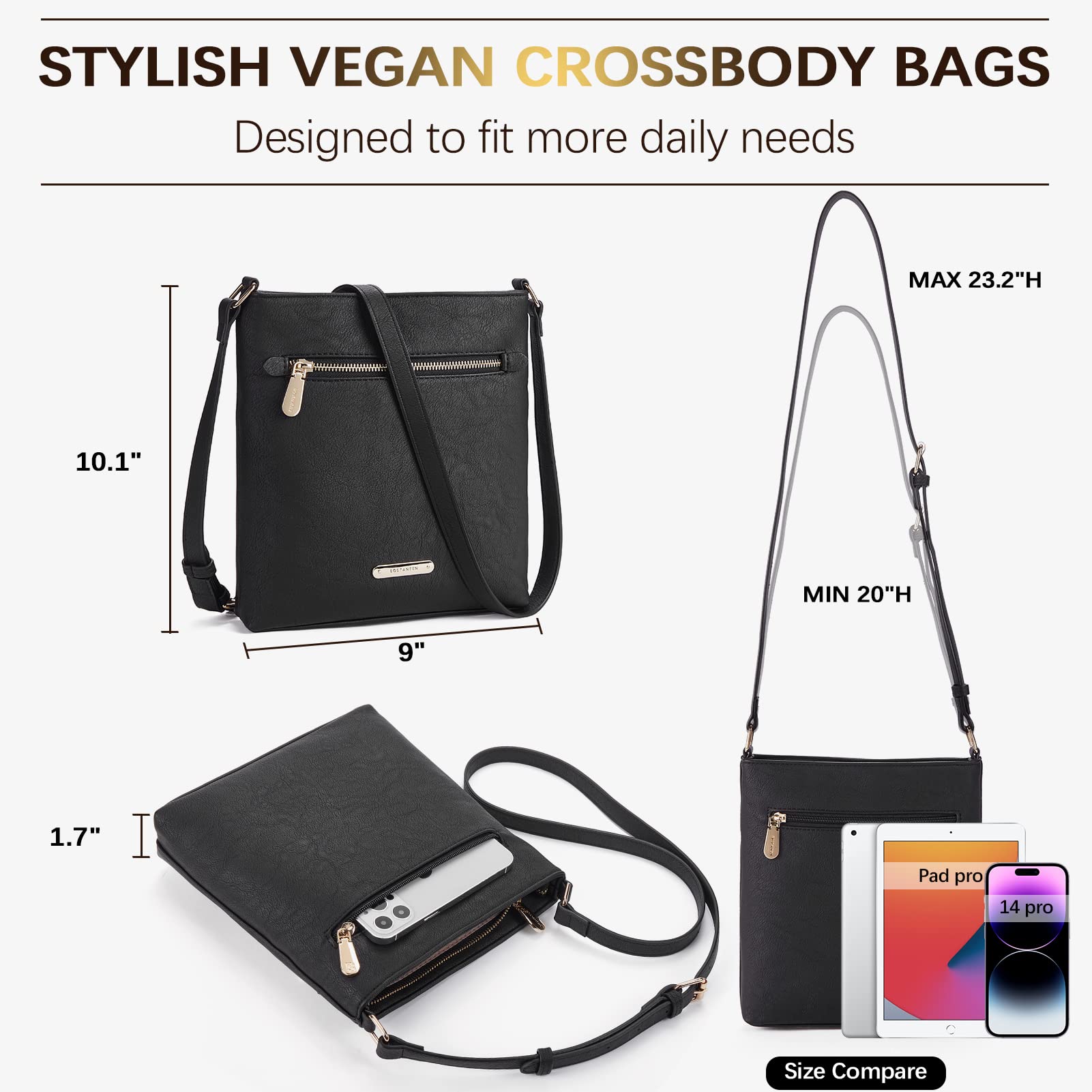 BOSTANTEN Women's Crossbody Bag - Soft Leather Adjustable Shoulder Purse with Zipper Pocket | Stylish Handbag for Work, Travel & Everyday Use