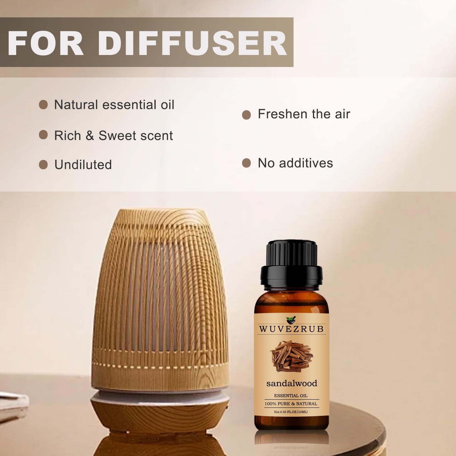 Organic 100% Pure Sandalwood Essential Oil 10ml (0.33 Fl Oz) - Natural Aromatherapy Oil for Diffusers, Massage & Relaxation - Perfect for Stress Relief, Meditation & Home Spa