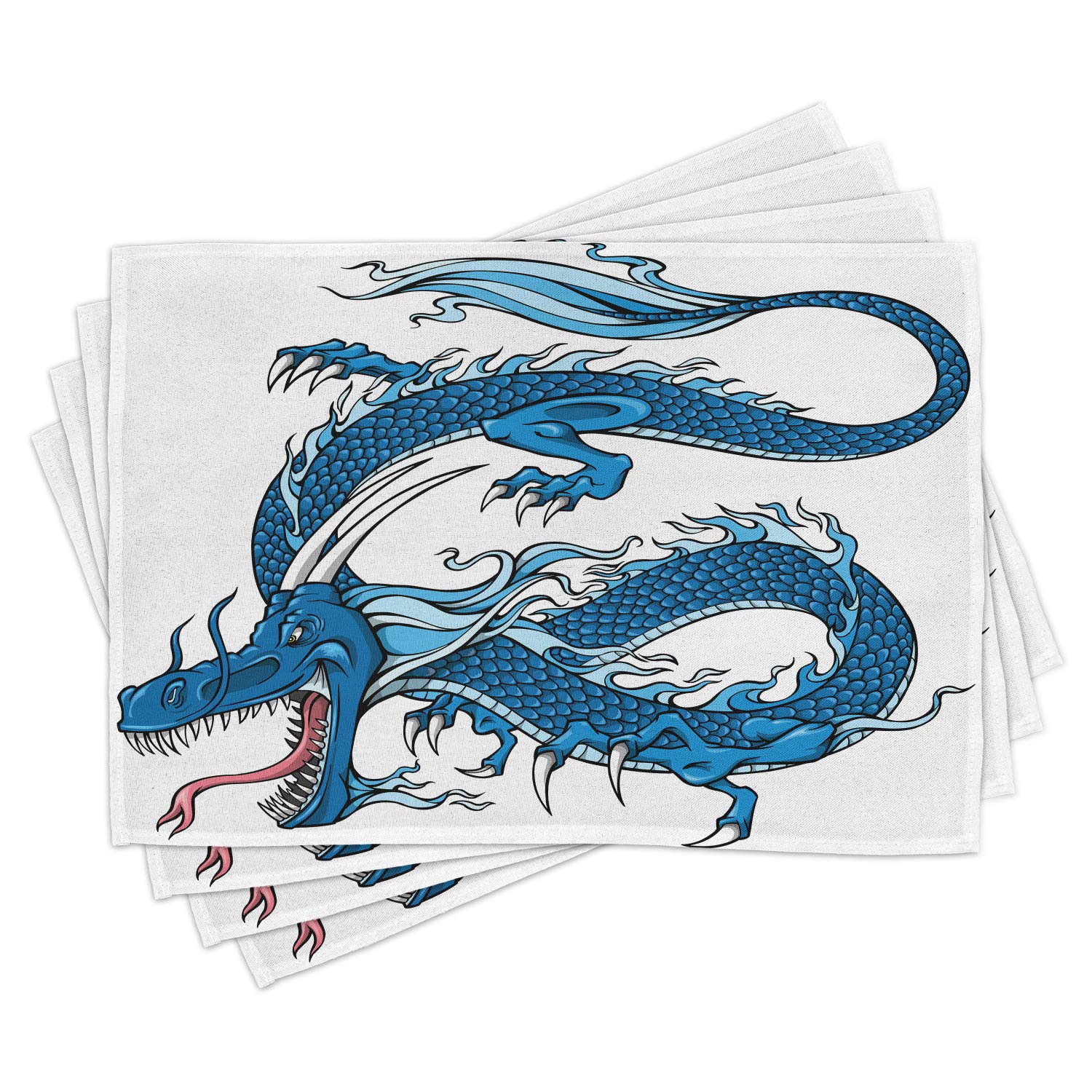 Ambesonne Fantasy Dragon Place Mats Set of 4, Japanese Mythical Creature Folk Art Print, Washable Fabric Table Mats for Dining Room Kitchen Decor in Dark Blue Pale Blue White - Perfect for Themed Parties, Anime Lovers, and Asian-Inspired Home Decor