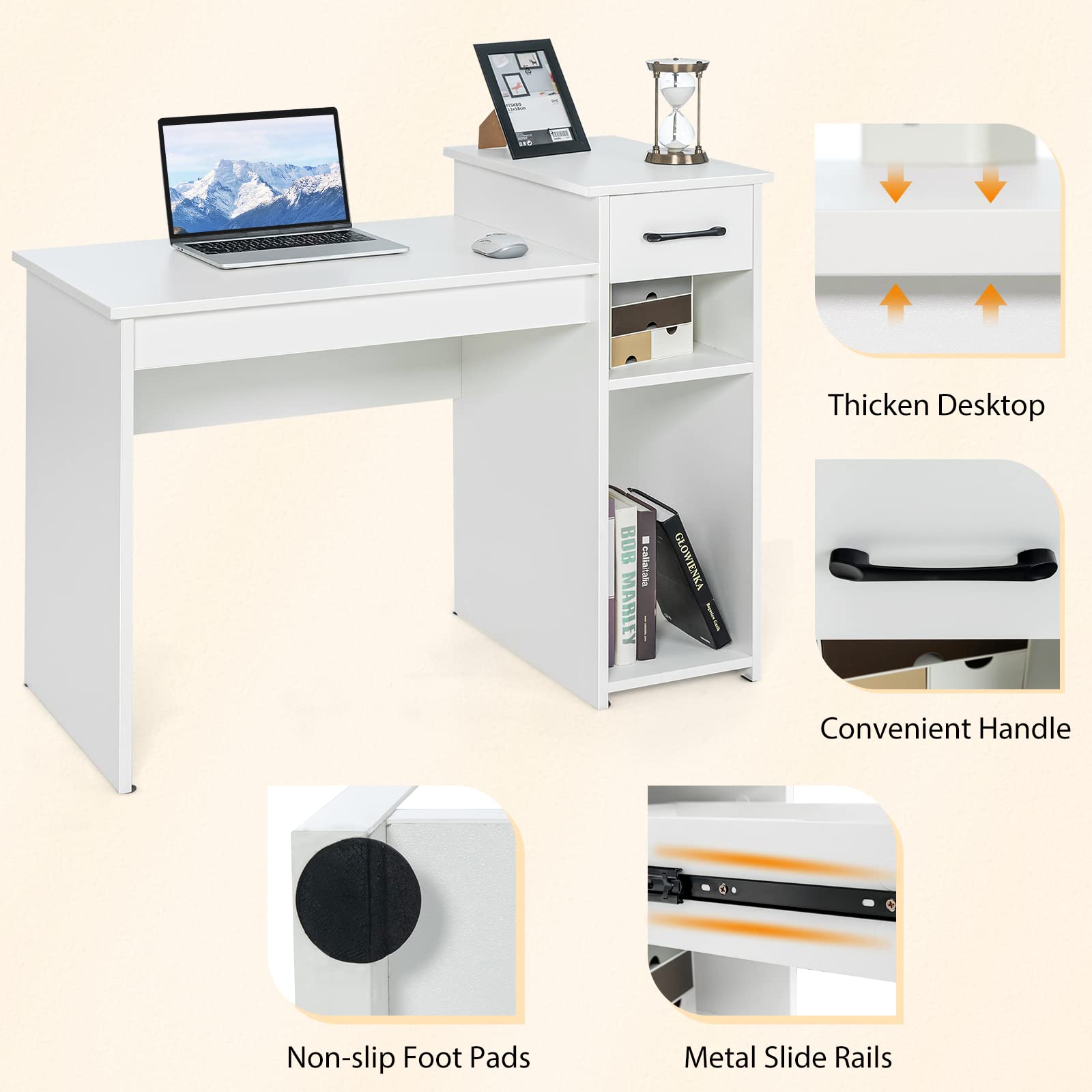Tangkula Modern White Study Desk with Storage Drawer & Shelves - Compact Writing Desk for Small Spaces, Home Office, Dorm Room & Bedroom Workspace
