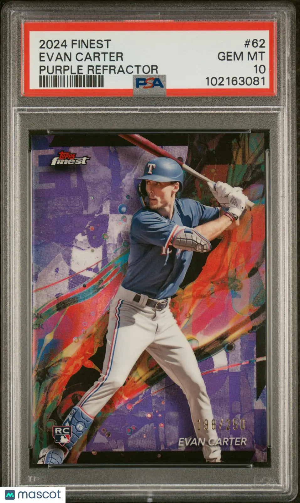 2024 Topps Finest Baseball Evan Carter Rookie Card Purple Refractor PSA 10 Gem Mint Limited Edition /250 - Perfect for Collectors, Investors & Baseball Fans Display