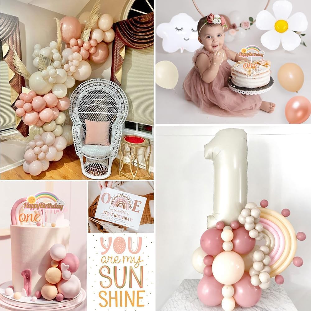 Groovy Boho First Birthday Decorations for Girls - Baby Month Photo Banner, Beige Number 1 Foil Balloon & Rainbow Cake Topper - Perfect for 1st Birthday Parties & Baby Showers