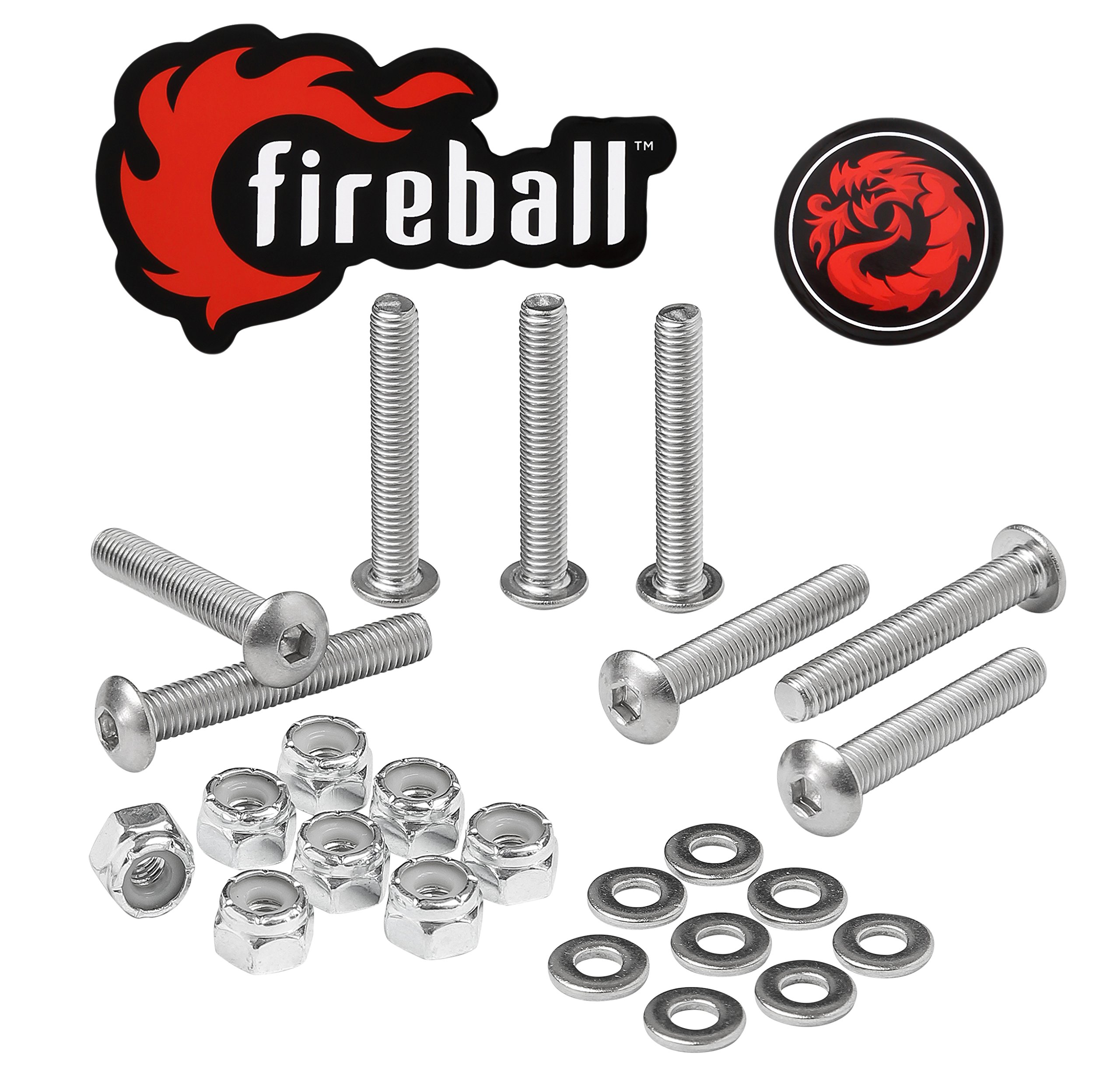 Fireball Dragon Skateboard Hardware Kit - 8 Ultra Strong Stainless Steel Mounting Screws & Nuts Set for Longboard, Cruiser & Skateboard - Durable Skateboard Bolts for Smooth Riding (Perfect for Street Skating, Park Tricks & Commuting)