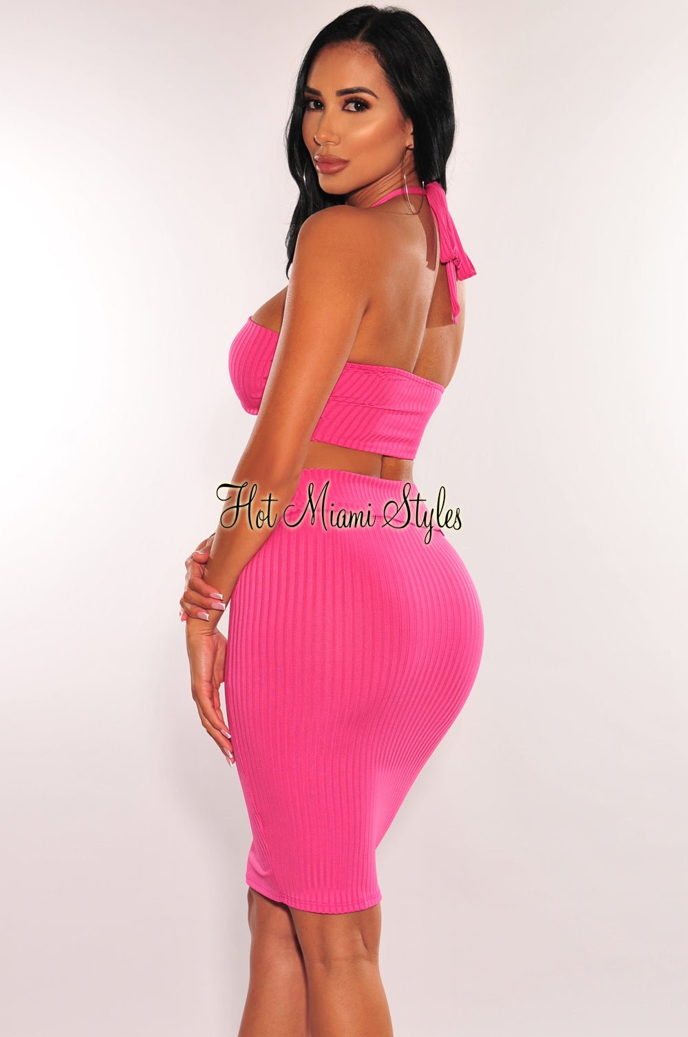Hot Pink Ribbed Halter Cut Out Button Up Skirt Two Piece Set - Sexy Summer Outfits for Women, Beach Vacation, Date Night & Party Wear