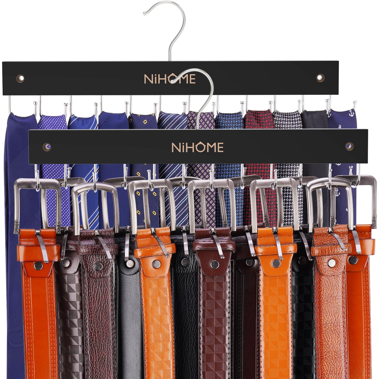 NiHome Wooden Belt & Tie Hanger for Closet - 12 Rotating Hooks for Organizing Belts, Ties, Scarves, Lingerie - Space Saving Wall Mounted or Hanging Closet Organizer (Black, 2PCS) - Perfect for Bedroom, Walk-in Closet, Dorm Room Organization