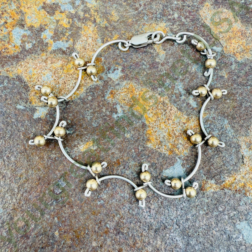 Sterling Silver Bar Bracelet with Gold Beads - Elegant Stackable Jewelry for Women, Perfect for Everyday Wear & Special Occasions